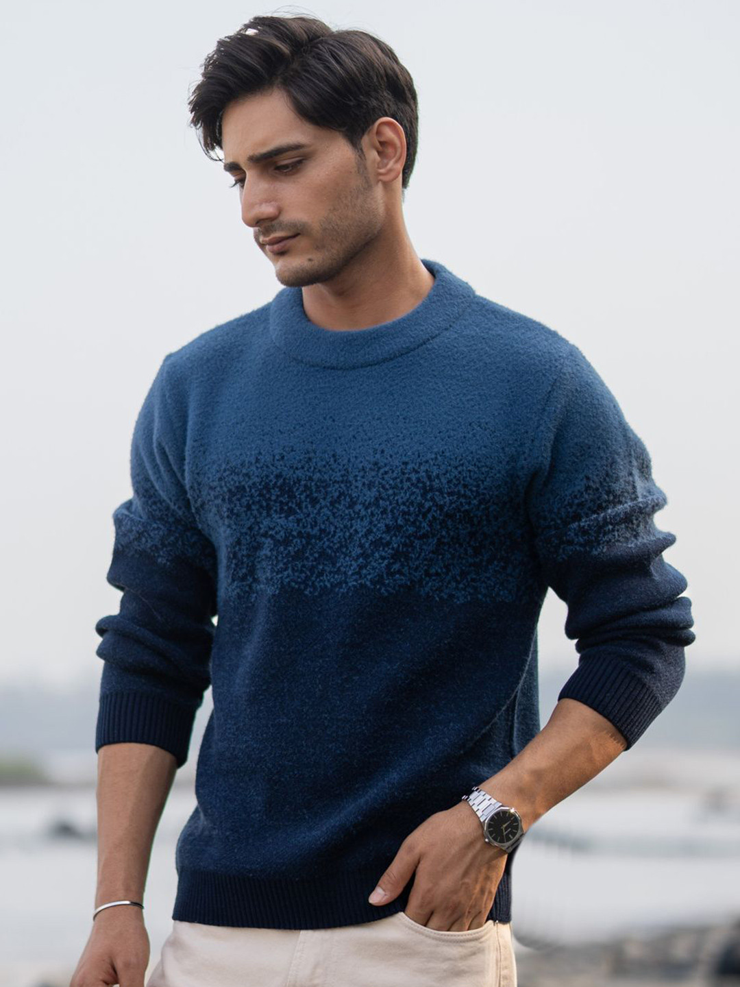 Powerlook Ombre Jacquard Navy Knit Pullover