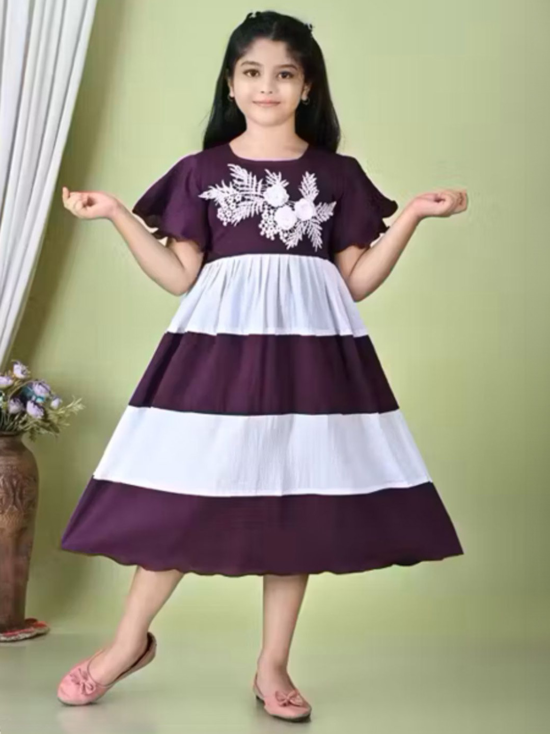 Z star fashion Colourblocked Print Flared Sleeve Applique Fit & Flare Dress