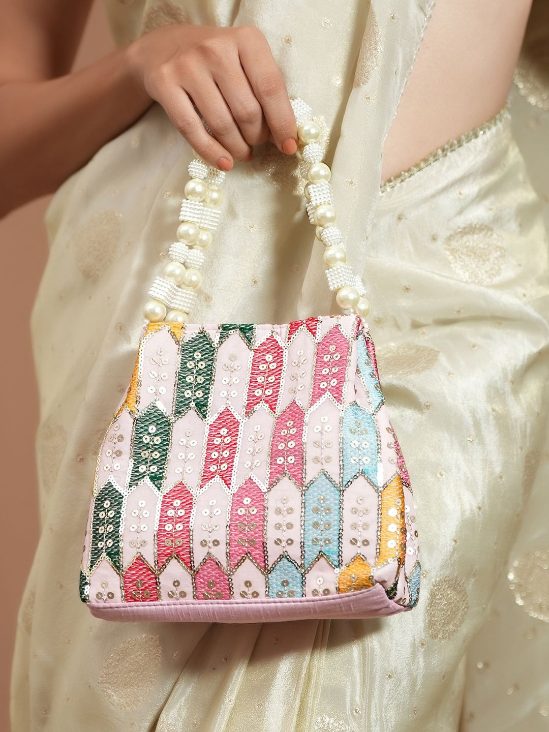 Rubans Multicolour Embroidered Pearl Beaded Handle on Light Pink Base Potli Bag
