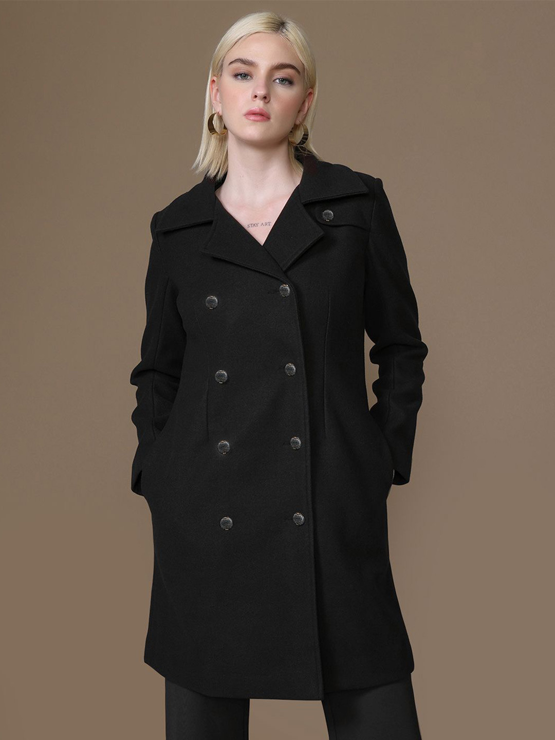 Kazo Women's Solid Notched Lapel Overcoat