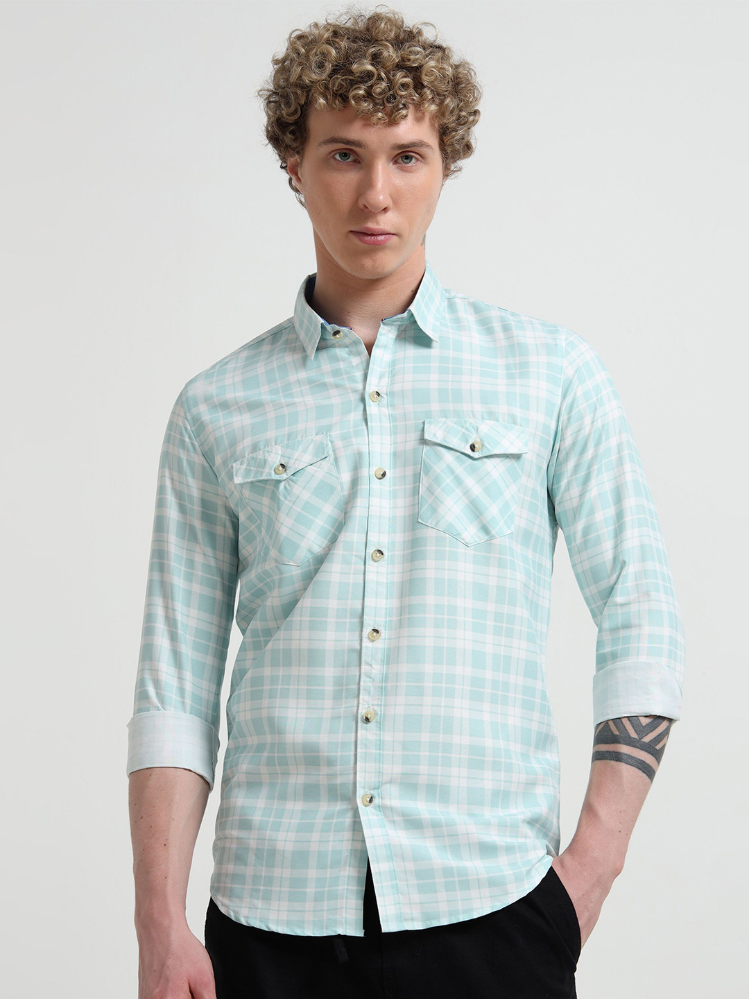 Rocket Science Men Comfort Slim Fit Windowpane Checks Checked Casual Shirt