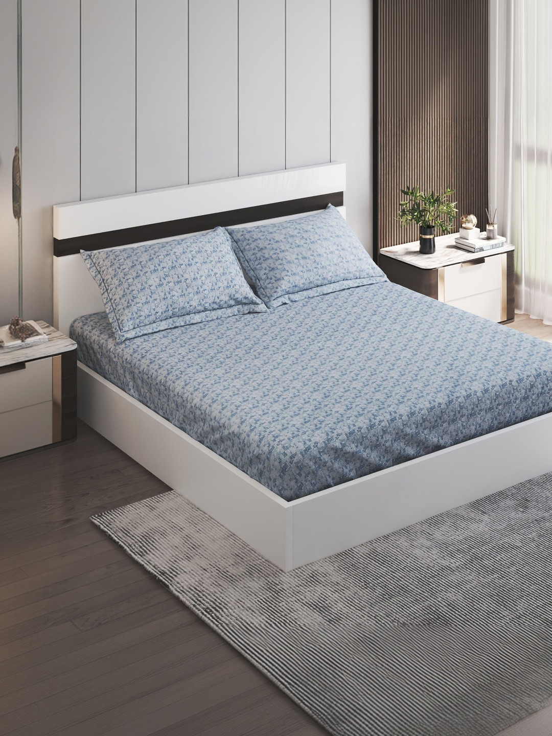 Home Centre Blue 200 TC King Bedsheet with 2 Pillow Covers