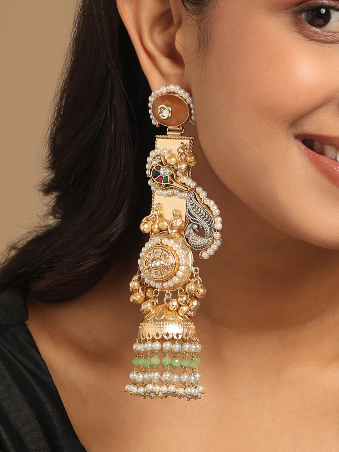 Nuyug  22K Gold-Plated Semi Precious Stone & Pearl Beaded Peacock Motif Dangler Earrings