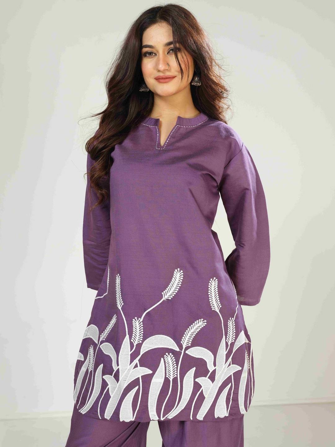 ROSHNI Ethnic Motifs Embroidered Thread Work V-Neck Kurta With Palazzos