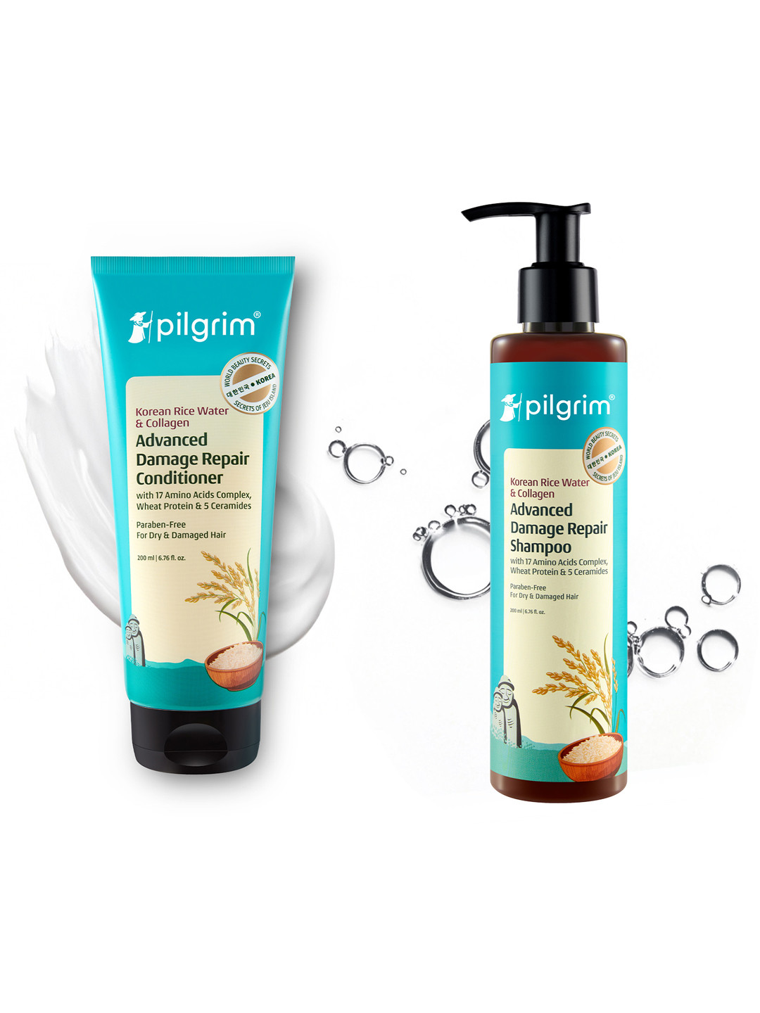 Pilgrim Korean Rice Water & Collagen Damage Repair Shampoo & Conditioner Duo - 200ml each