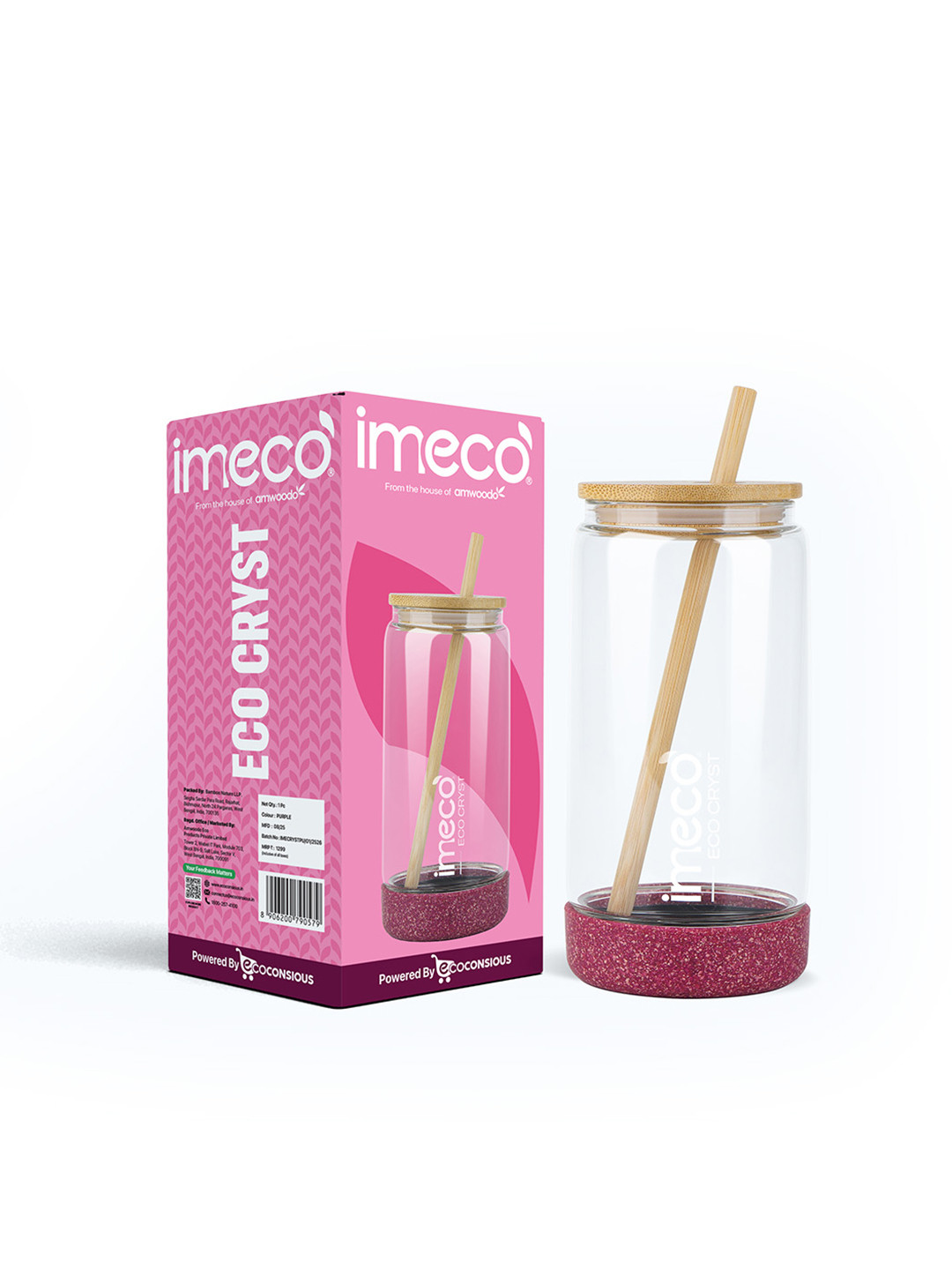 IMECO Maroon & Transparent Brand Logo Glass Sipper Water Bottle With Bamboo Lid -500 ml