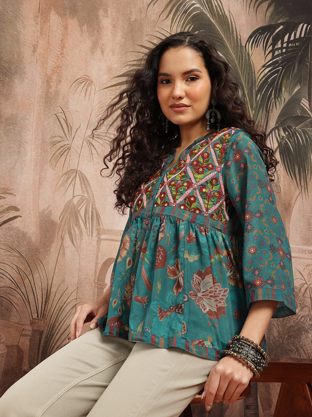 Sangria Printed Embroidered Mirror-Work Ethnic Top