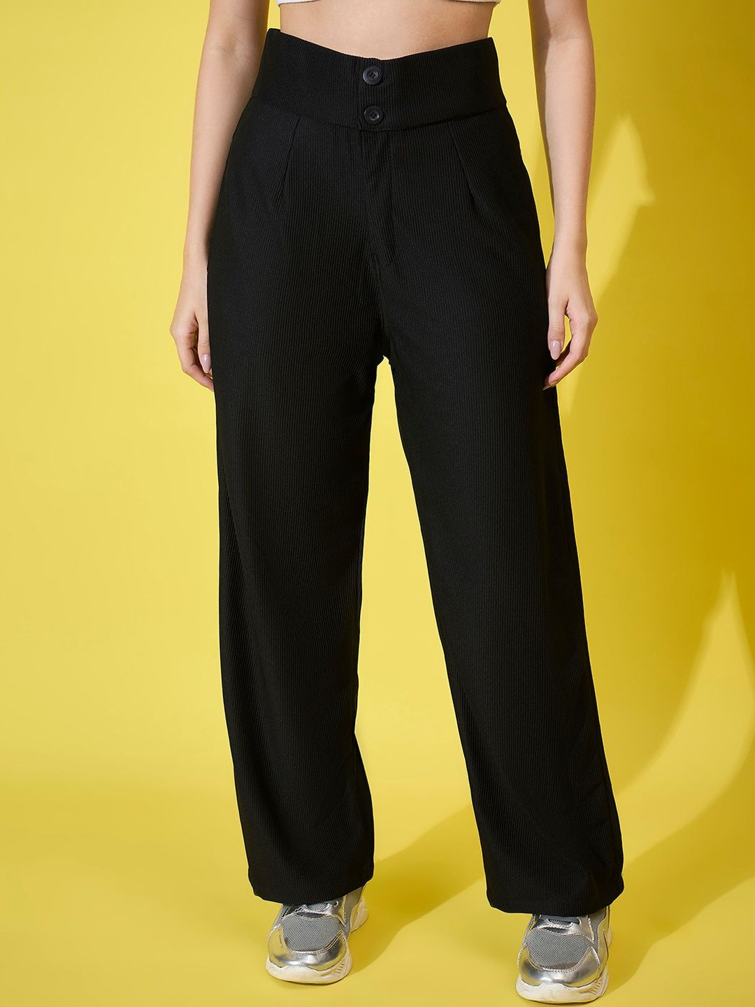 DIMPY GARMENTS Women Comfort High-Rise Easy Wash Cotton Ribbed Non-Stretchable Trousers