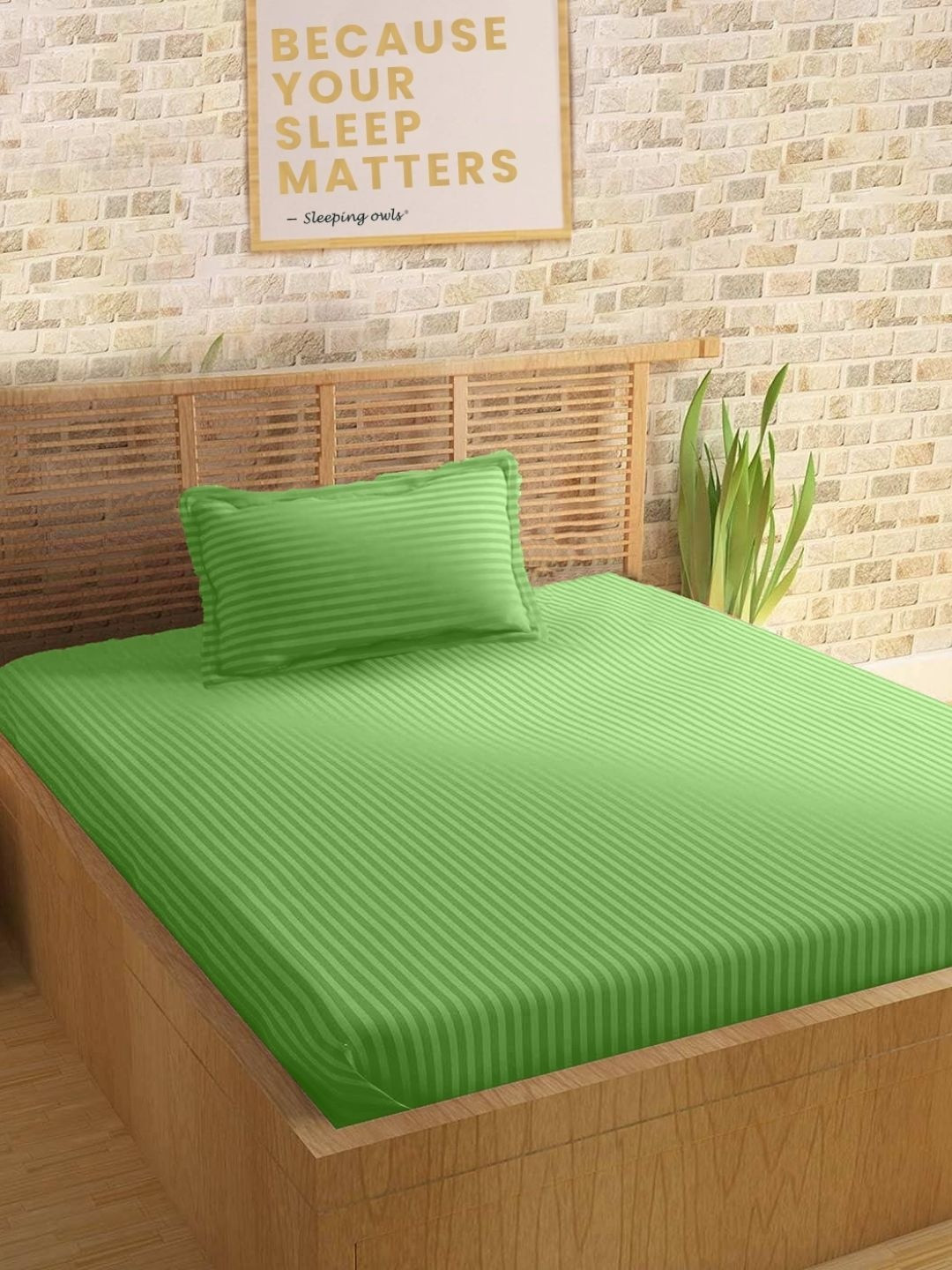 Sleeping Owls Lime Green Striped 210 TC Single Bedsheet with 1 Pillow Covers