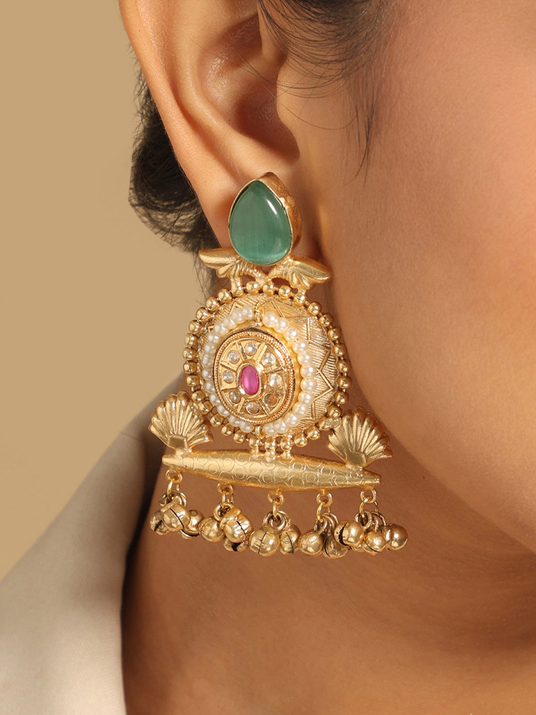 Nuyug  Gold-Plated Artificial Stones Studded Contemporary Shaped Drop Earrings