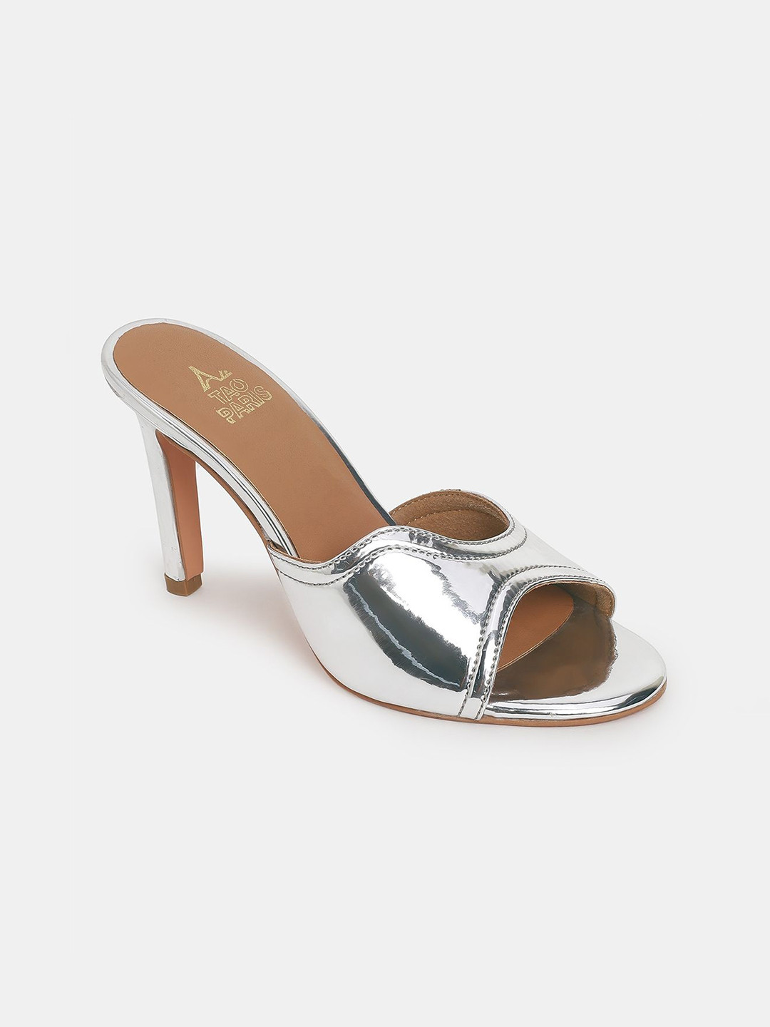 Tao Paris Women Metallic Silver Stiletto Heel Slip On Sandals