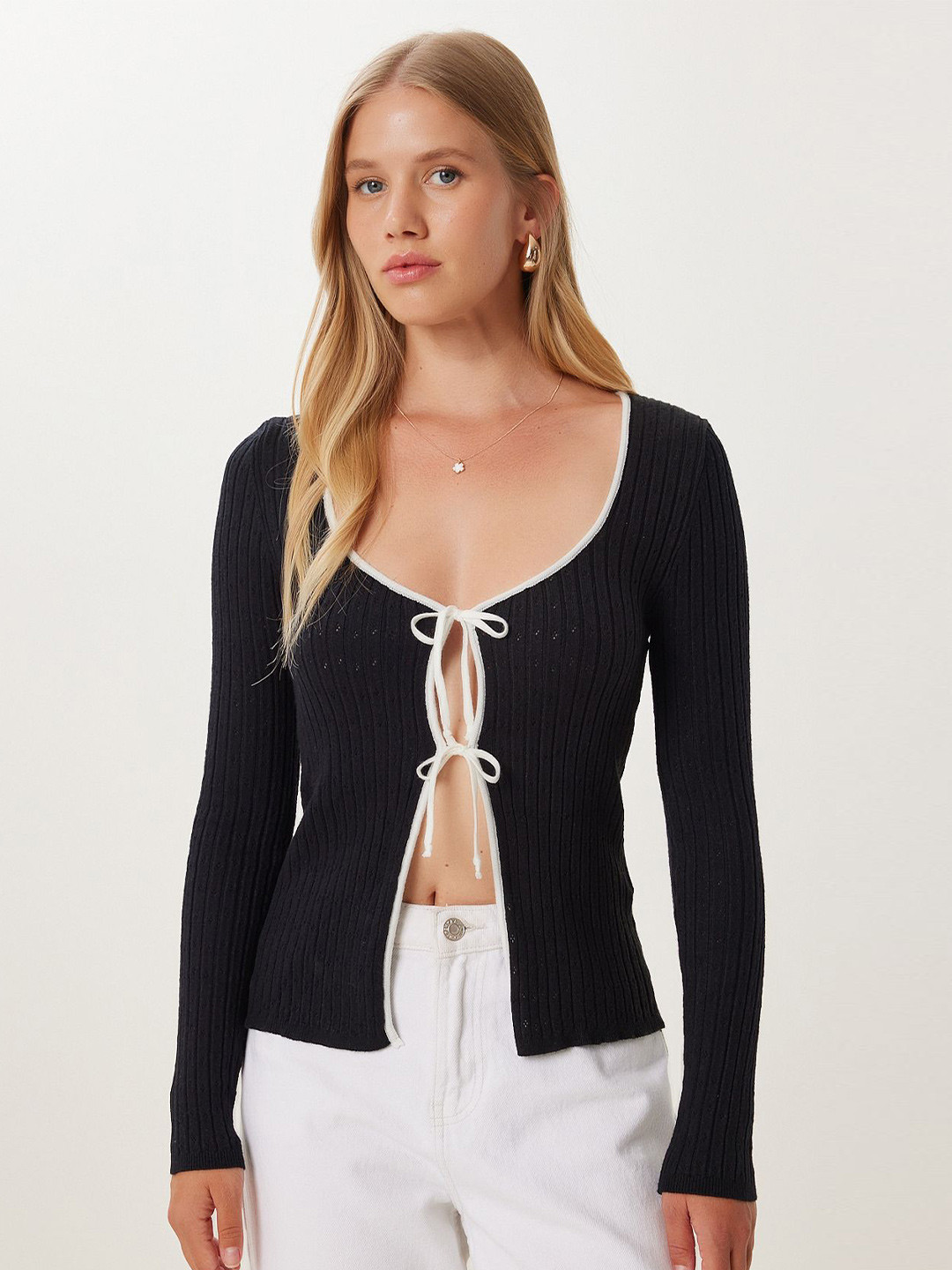 Happiness istanbul Women Ribbed Long Sleeves Scoop Neck Front-Open Sweaters