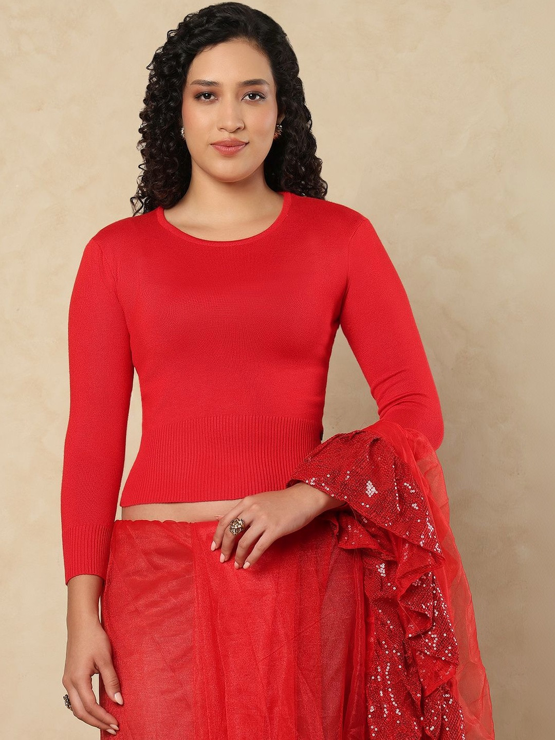 SALWAR STUDIO Women Woollen Round Neck Stretchable Saree Blouse