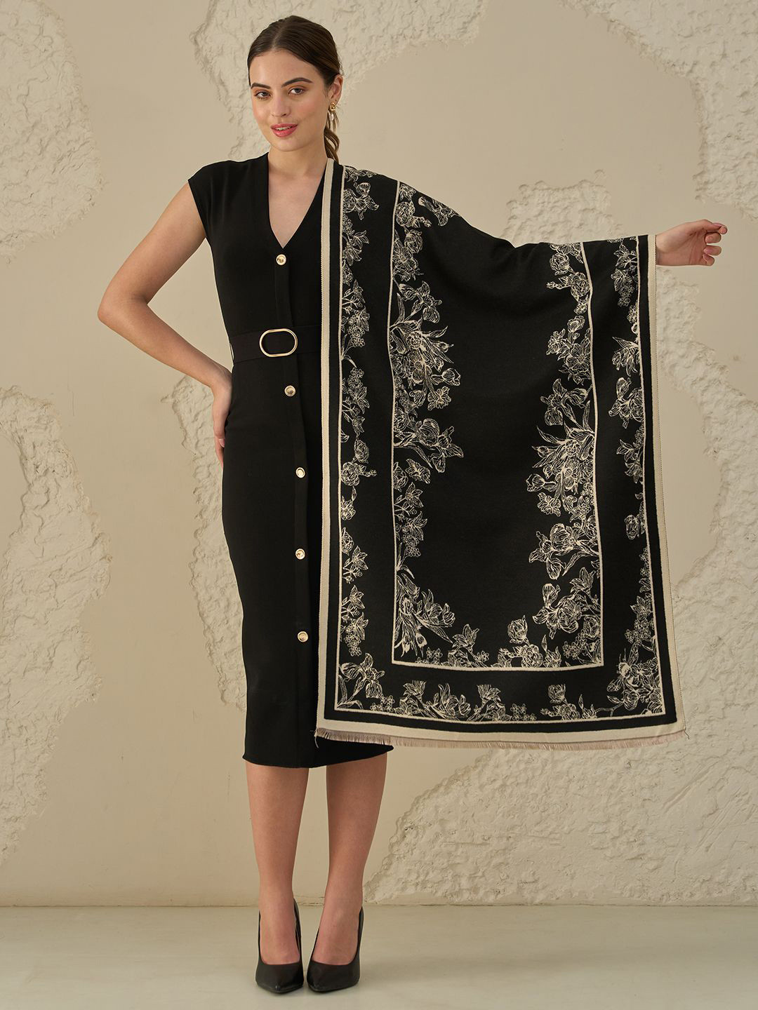 Knitkala Cashmere Reversible Woollen Stole with Floral Border