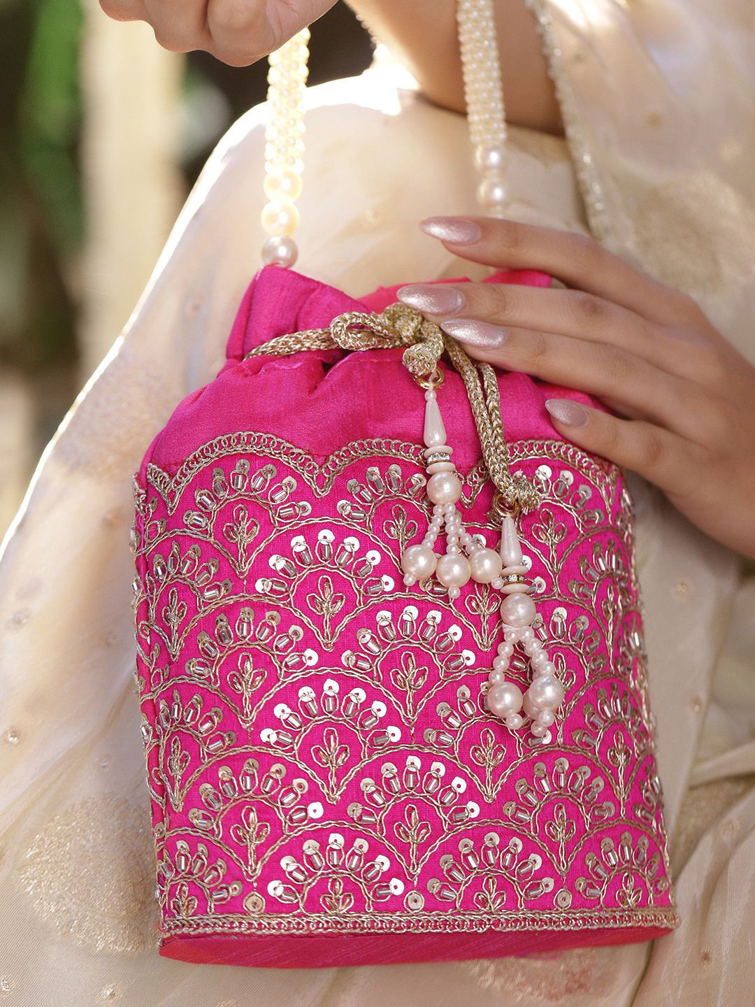 Rubans Bright Pink Potli Bag with Golden Zari Embroidery, Sequin Detailing & Pearl Handle