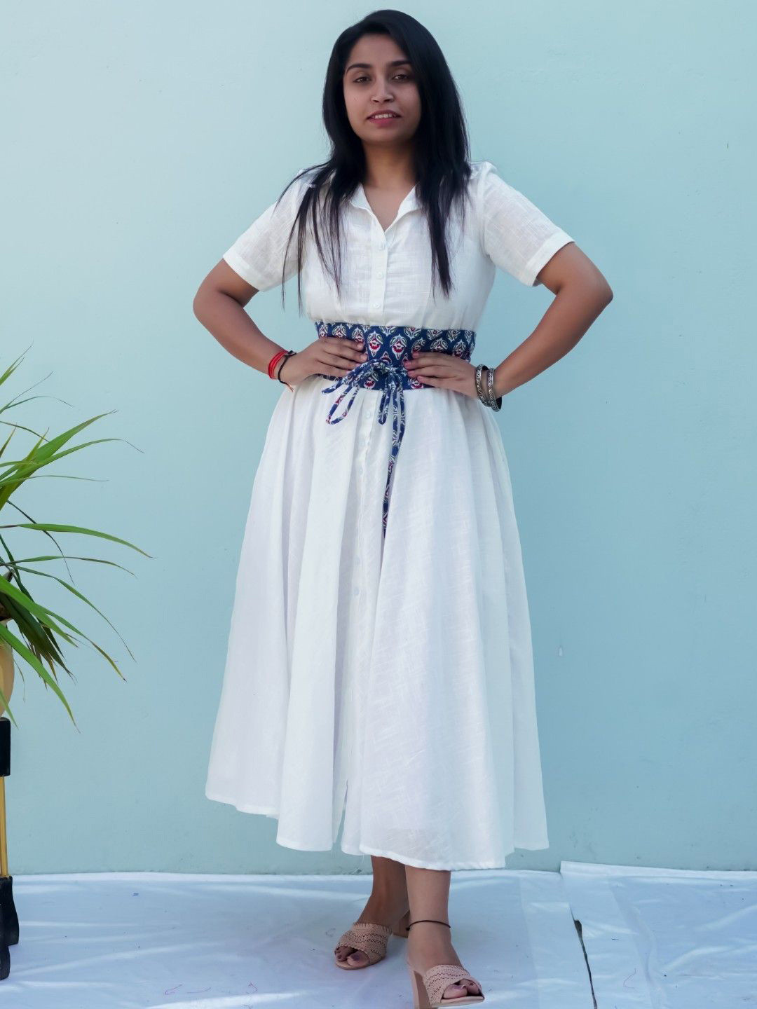 Darzigiri Shirt Maxi Cotton Dress With Belt