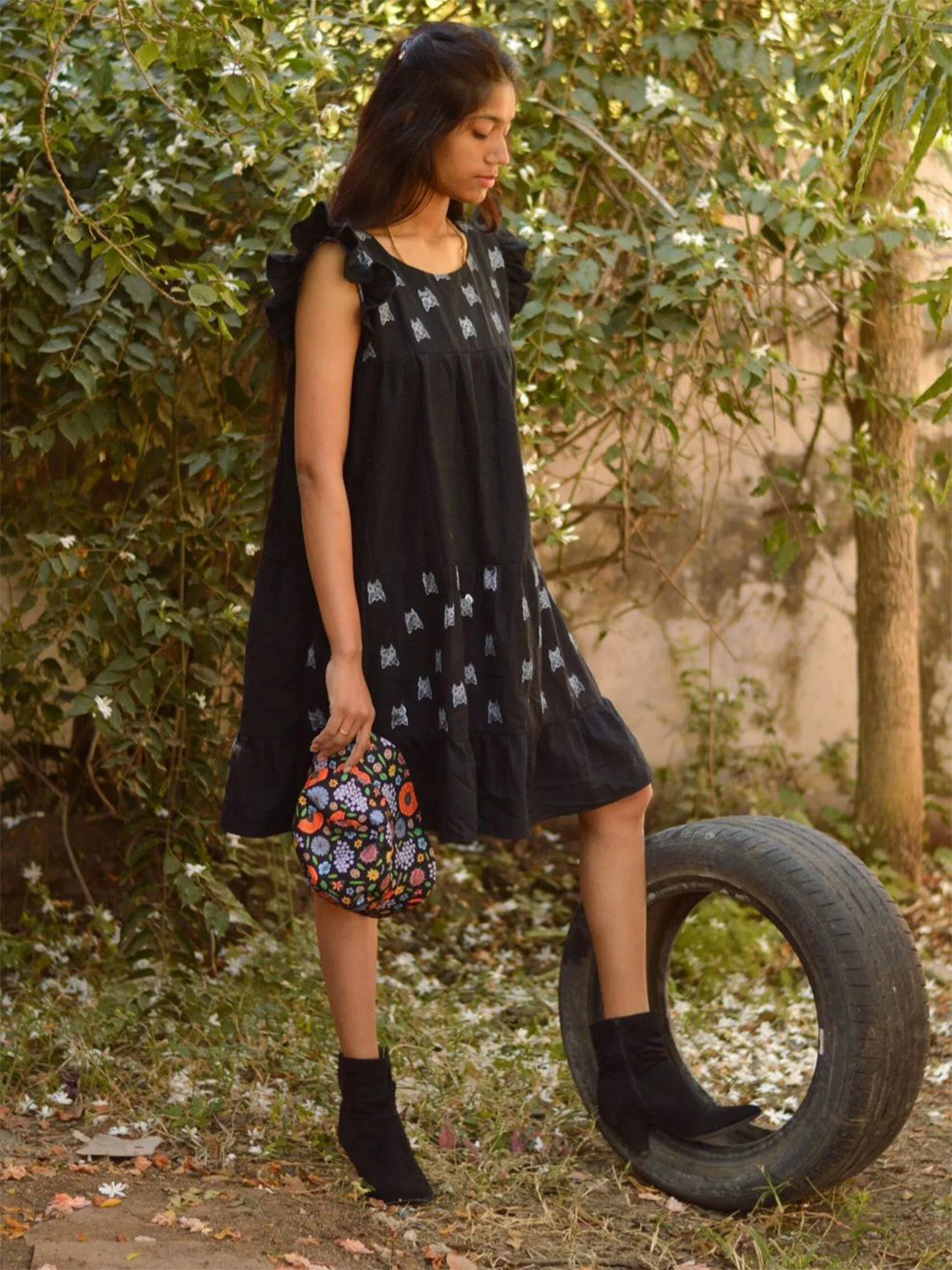 Darzigiri Printed Flutter Sleeve Ruffled Cotton Dress
