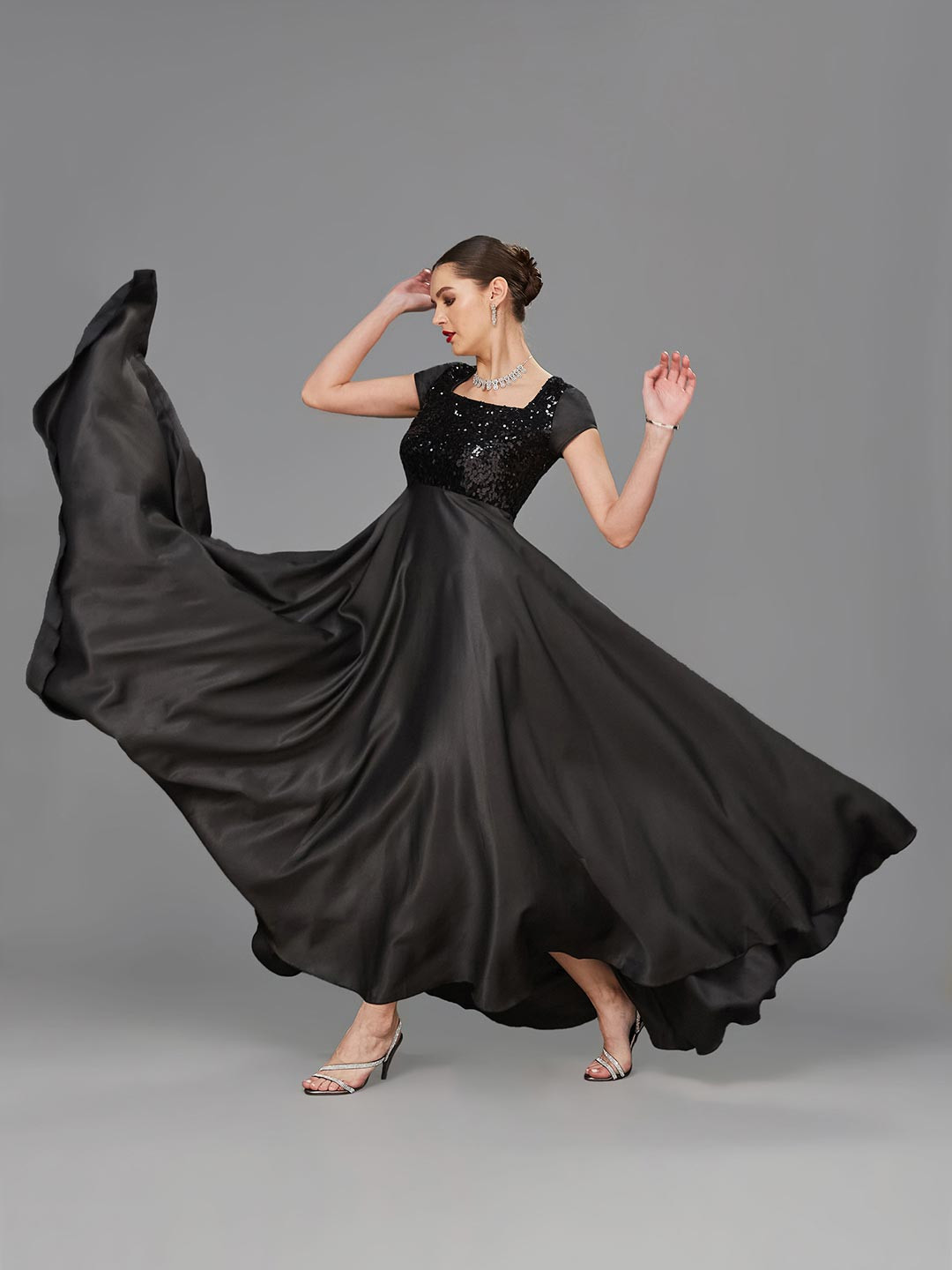 Black Embellished Georgette Maxi Dress with Short Sleeves