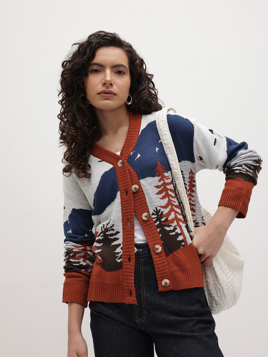 The Roadster Life Co. Graphic Self-Design V-Neck  Cardigan