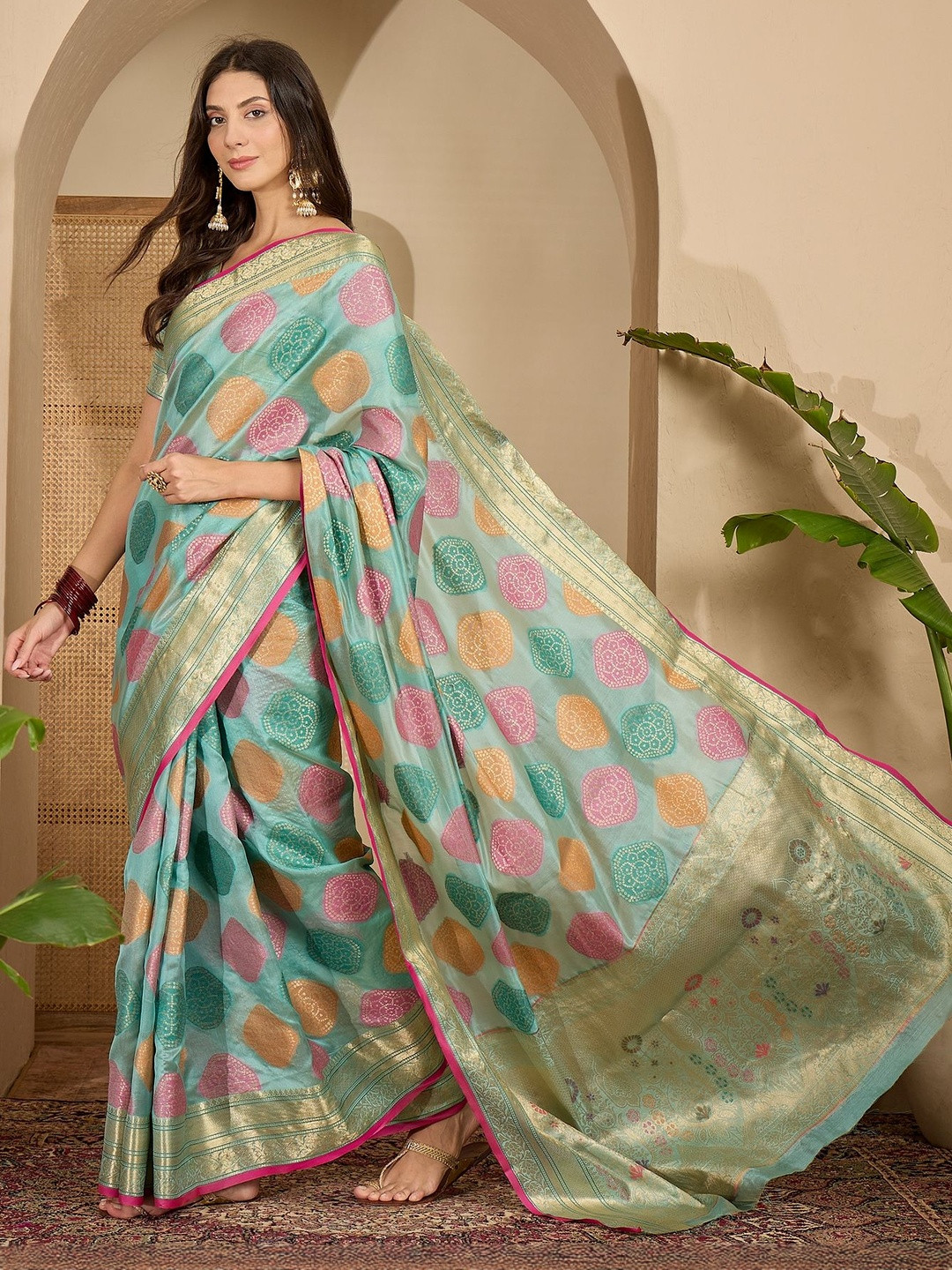 all about you Women Woven Design Zari Organza Saree With An Unstitched Blouse Piece