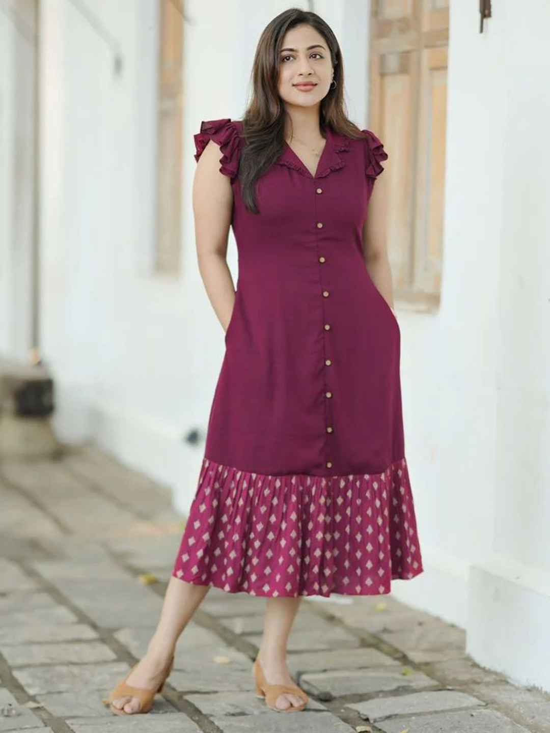Ethniclook Colourblocked Flutter Sleeve Ruffled A-Line Midi Dress
