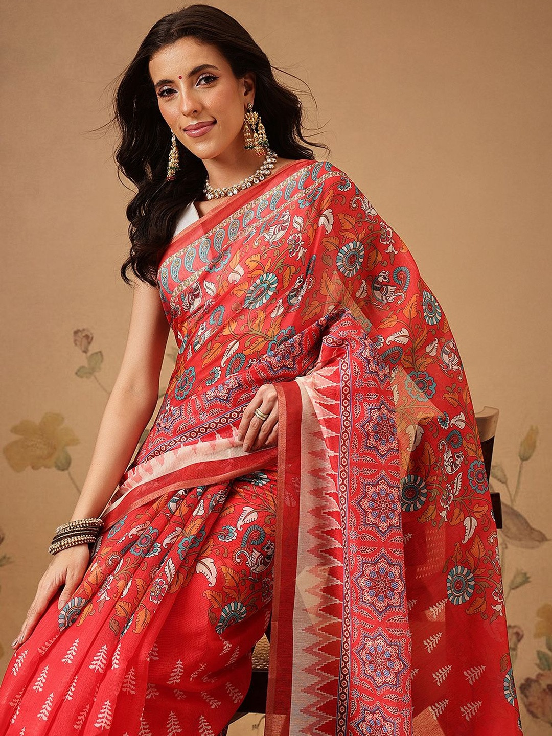 Silk Land Ethnic Motifs Zari Chanderi Saree With An Unstitched Blouse Piece
