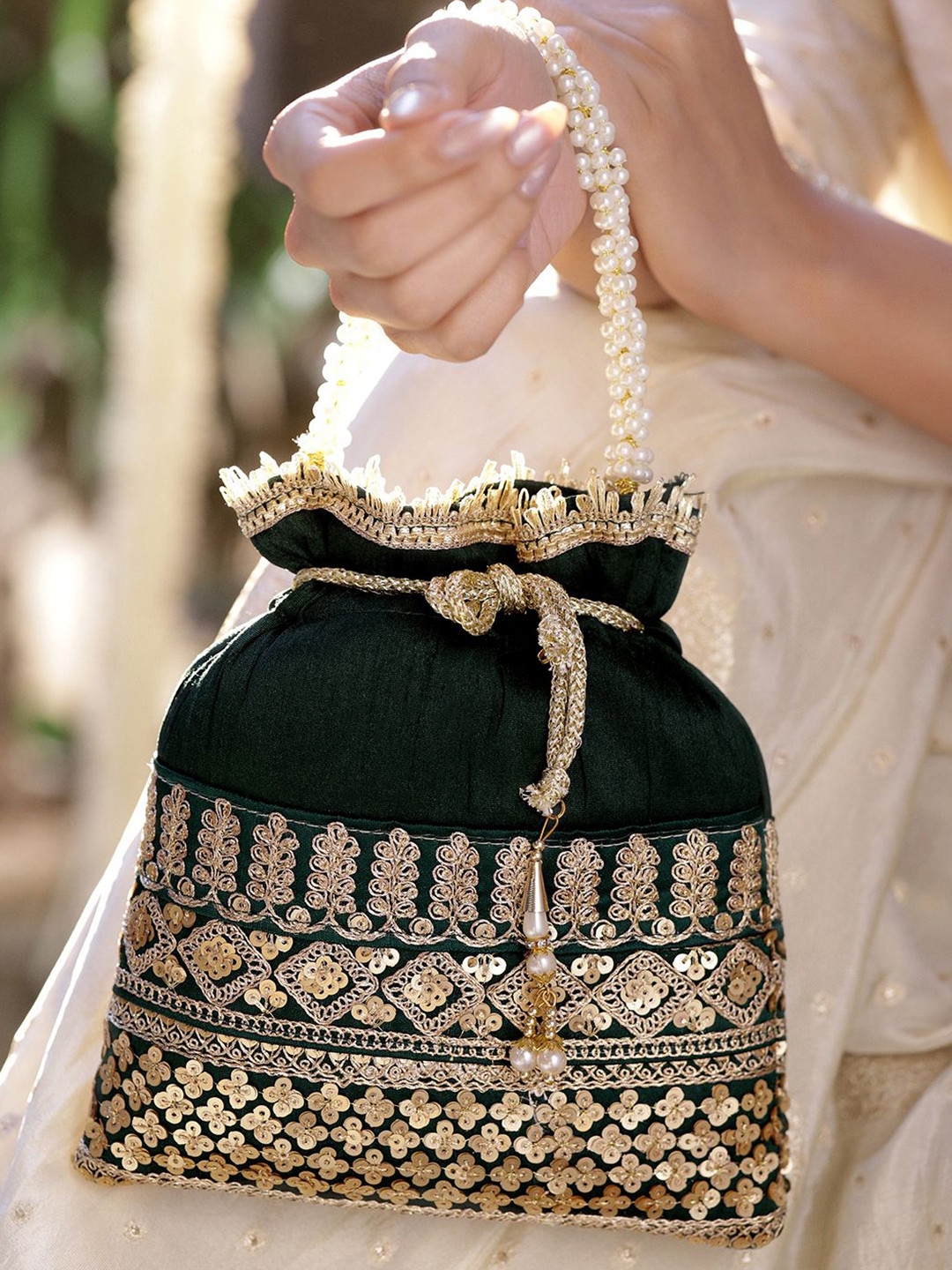 Rubans Dark Green & Gold Embroidered Potli Bag with Pearl Handle & Beaded Tassel Detailing