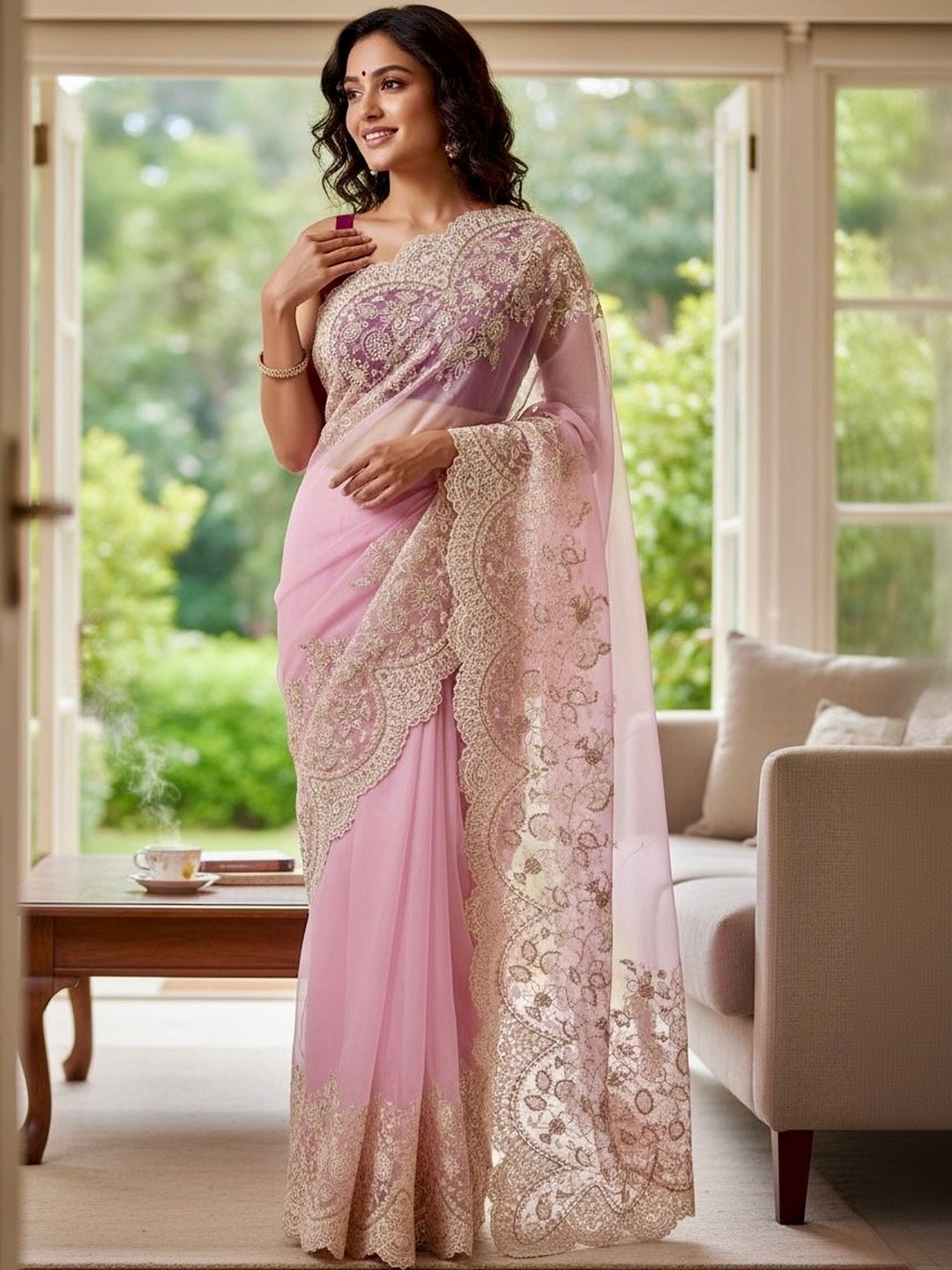 D tales Floral Embroidered Thread Work Organza Heavy Work Saree