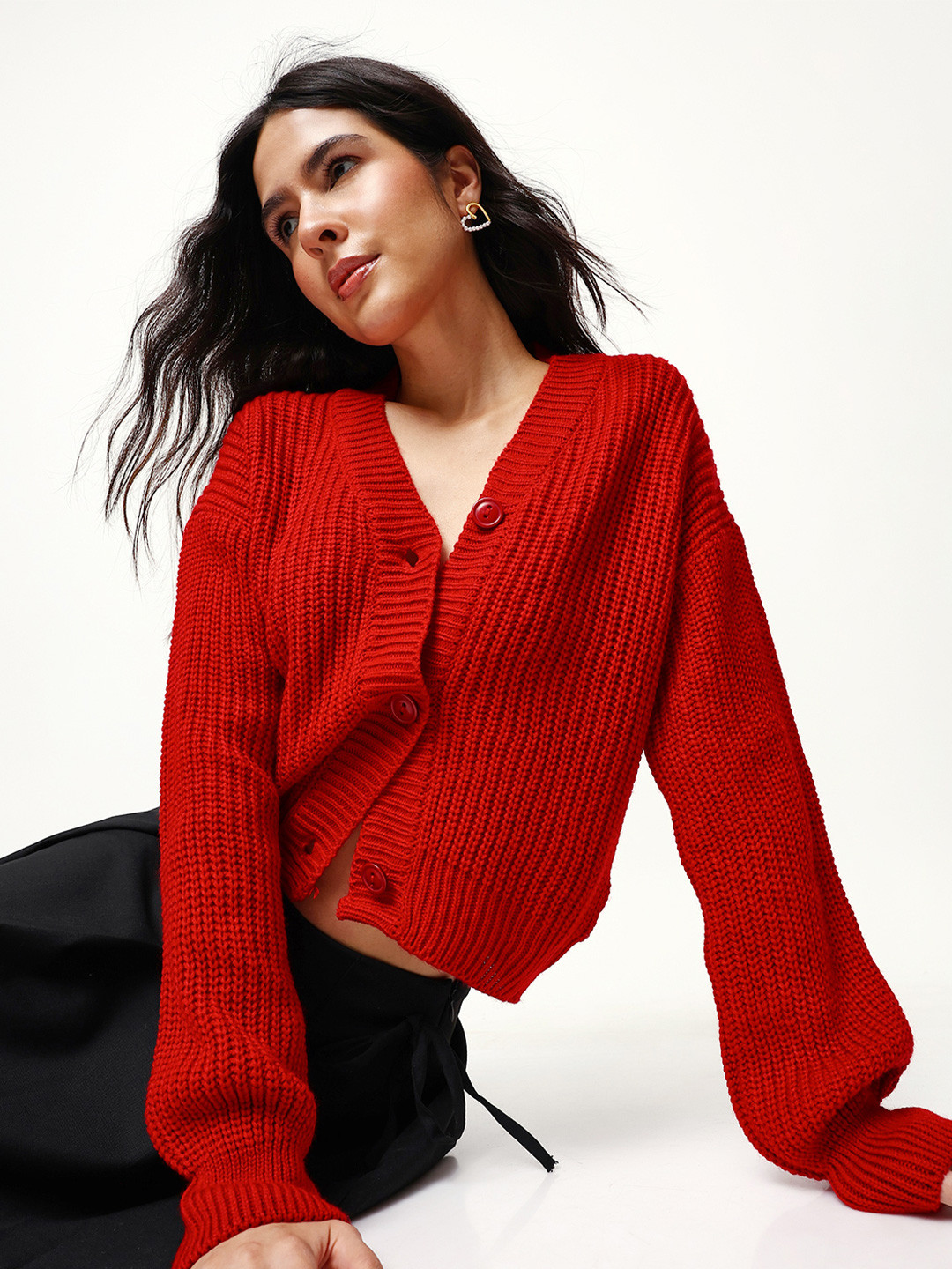 High Star Women V Neck Ribbed Cardigan