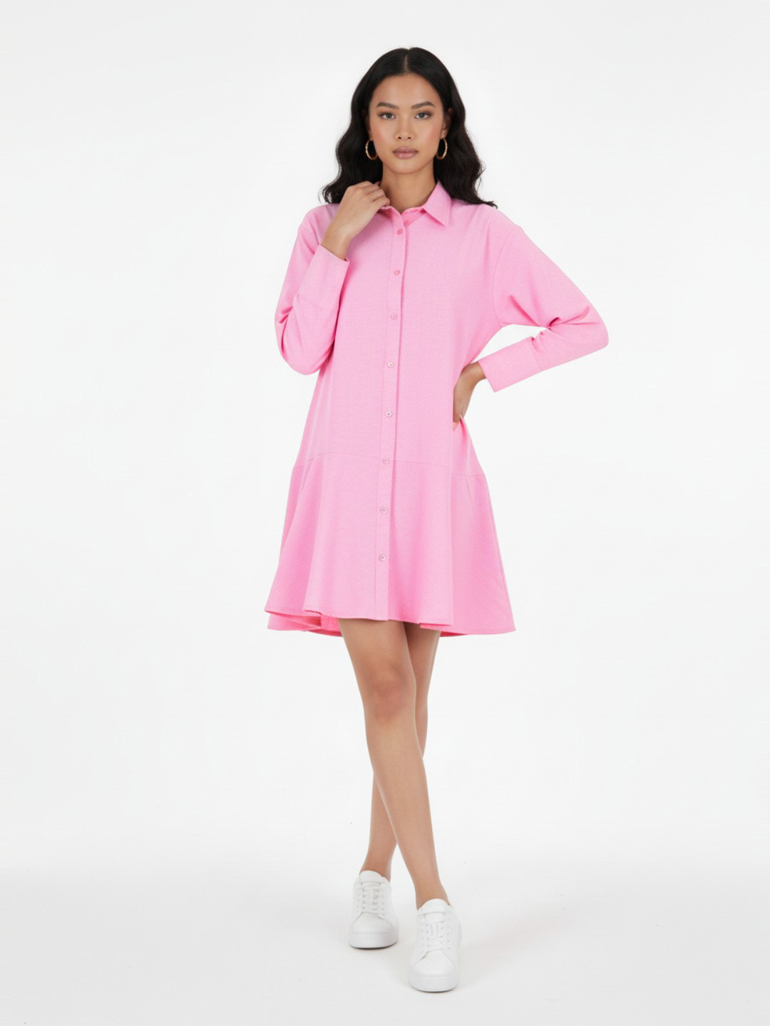 glitchez Shirt Collar Cuffed Sleeves Pure Cotton A-Line Dress