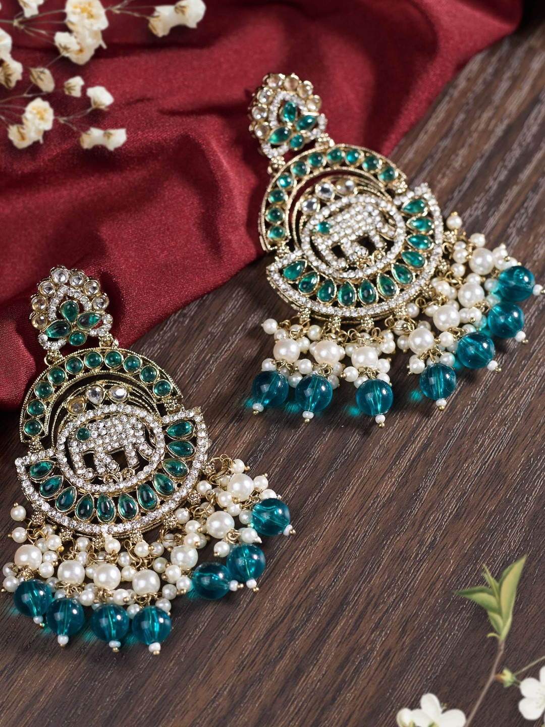 zarmar fashion Gold-Plated Artificial Stones Studded & Beaded Crescent Shaped Chandbalis