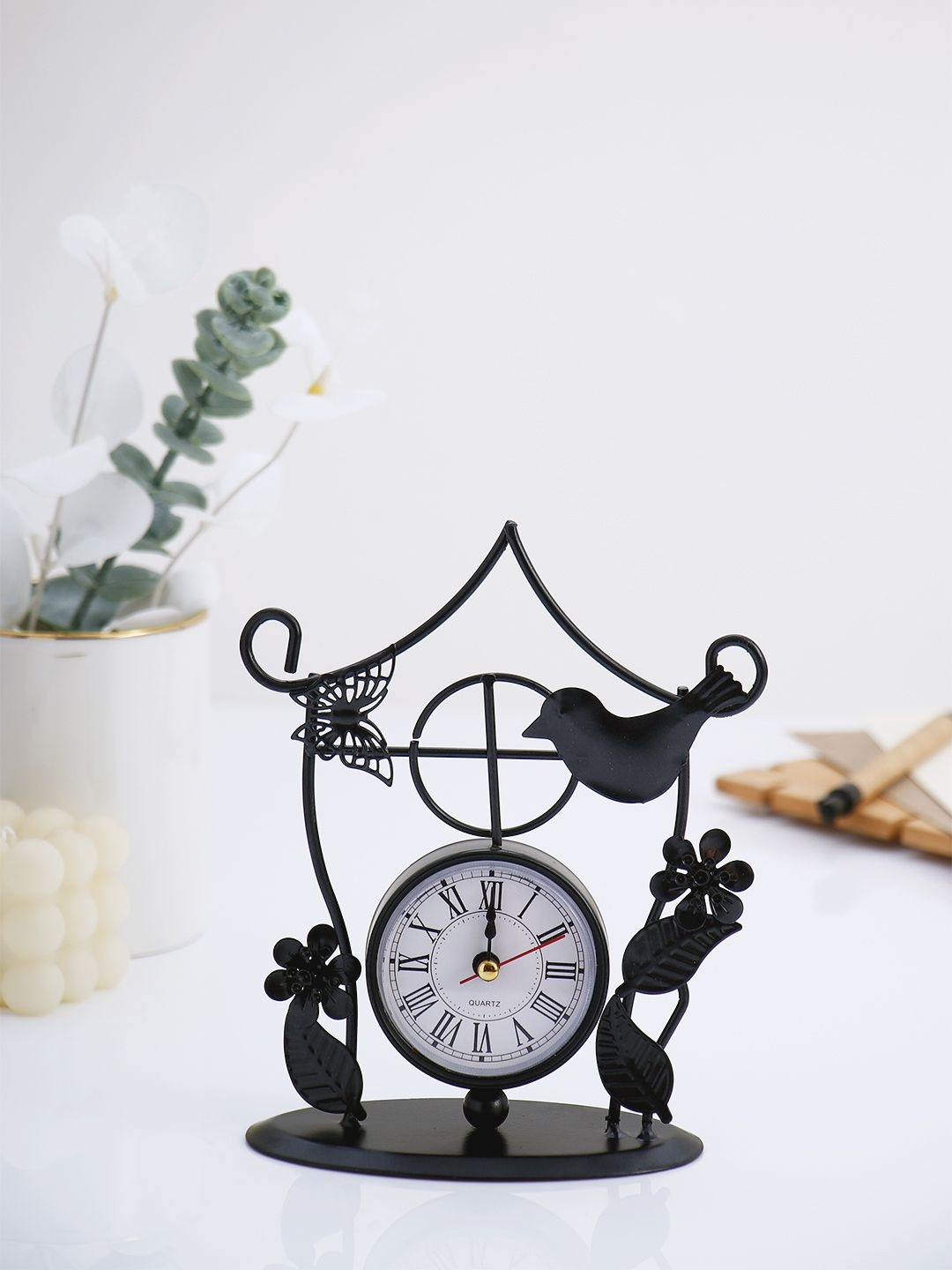 Archies Black & White Birds Paradise Figurine Vintage Table Clock