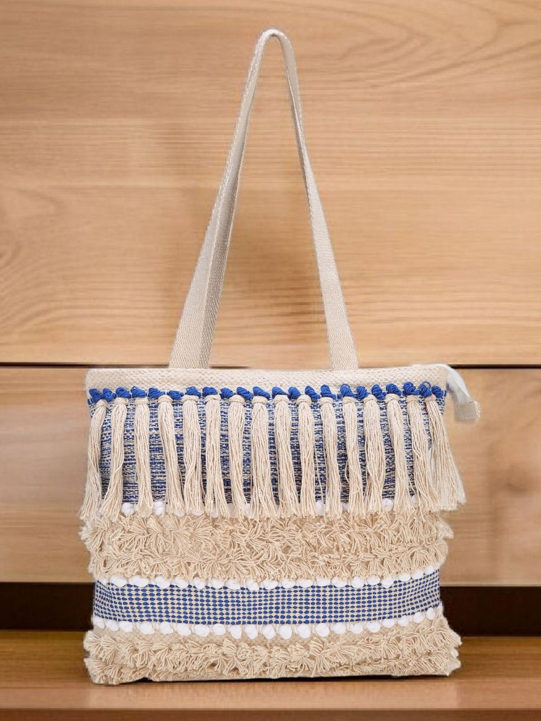 AshcrafZee Textured Up to 12 inch Tote Bag with Fringed