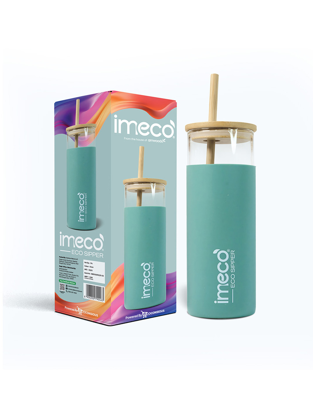 IMECO ECO-SIPPER Green Glass Water Bottle With Bamboo Lid & Straw 450ml
