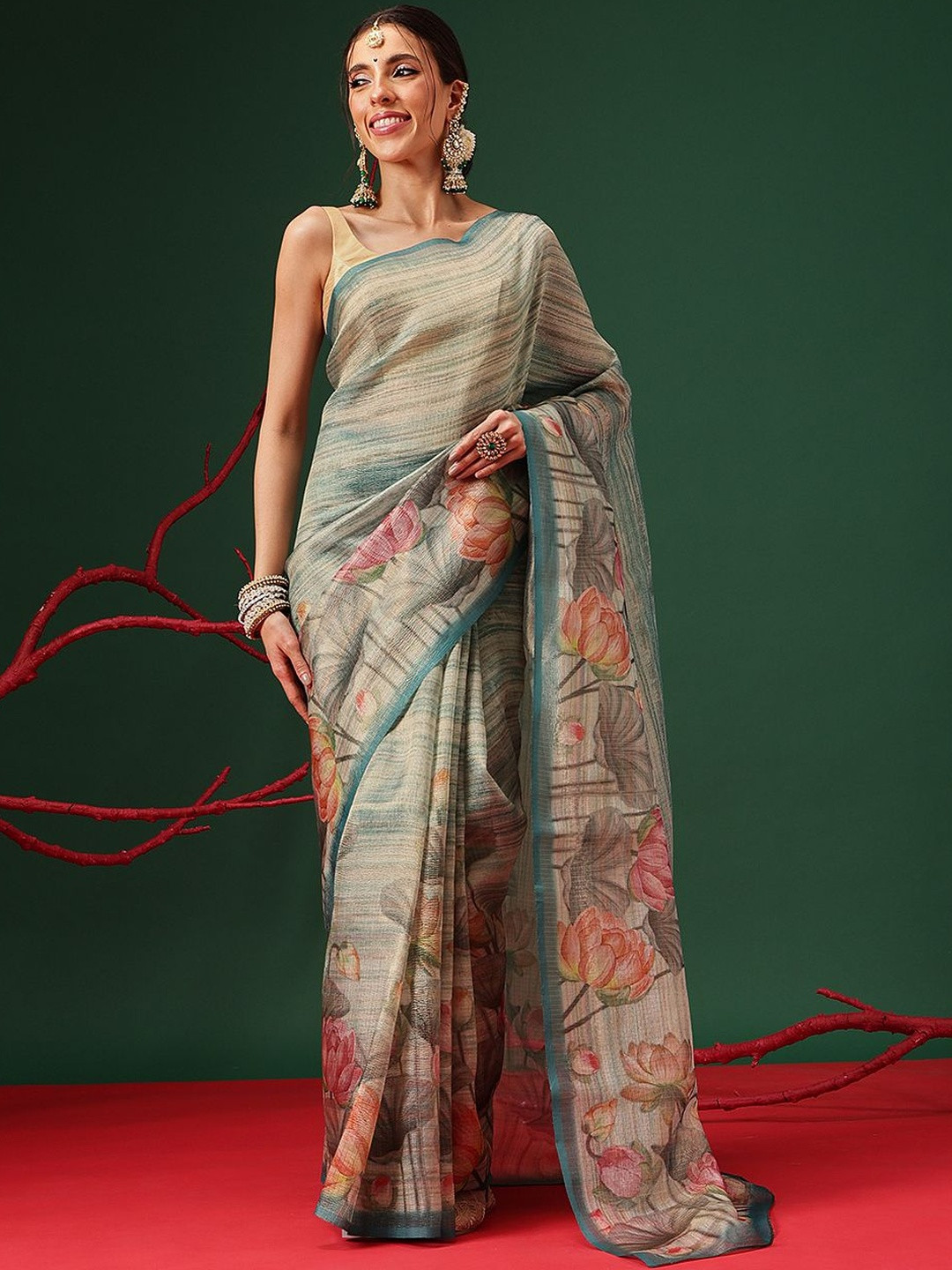 Silk Land Floral Zari Tissue Designer Fashion Saree