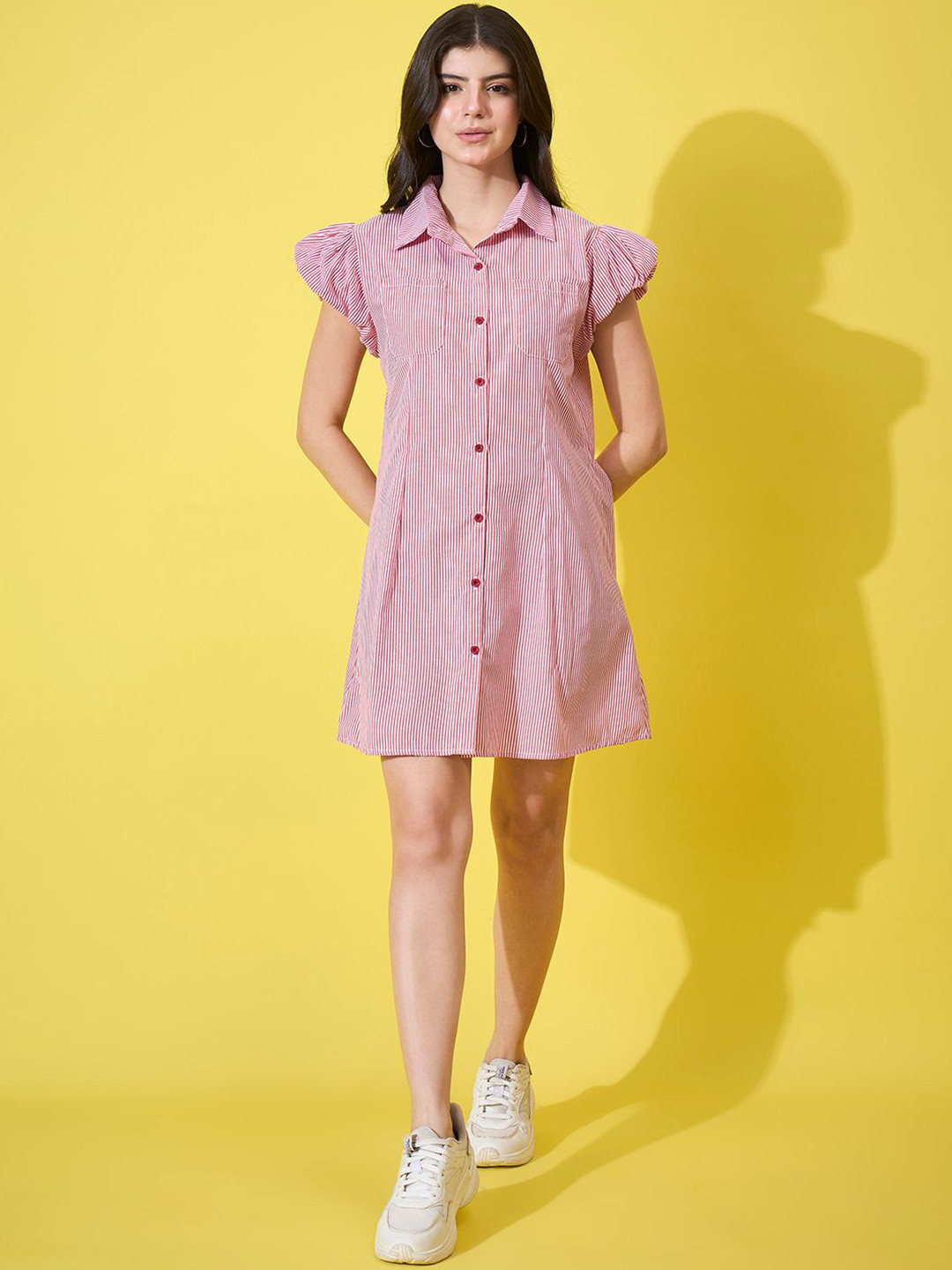 IQOA Striped Puff Sleeve Ruffled Shirt Dress