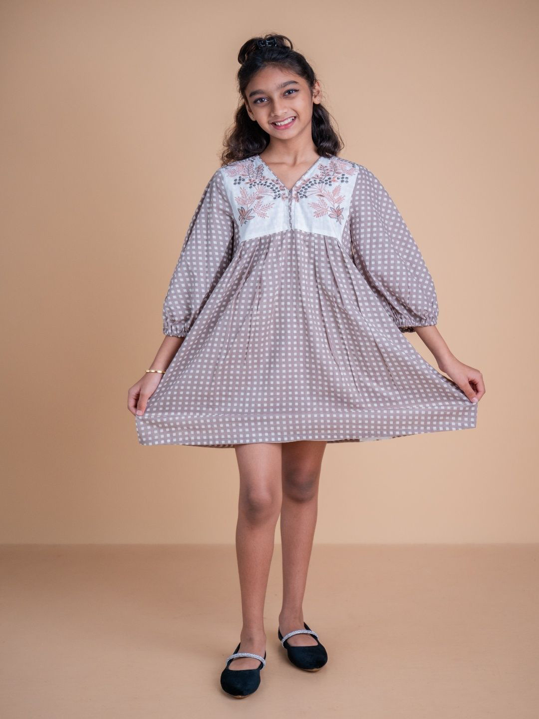 Mini Maana Checked Bishop Sleeve Fringed Fit & Flare Dress