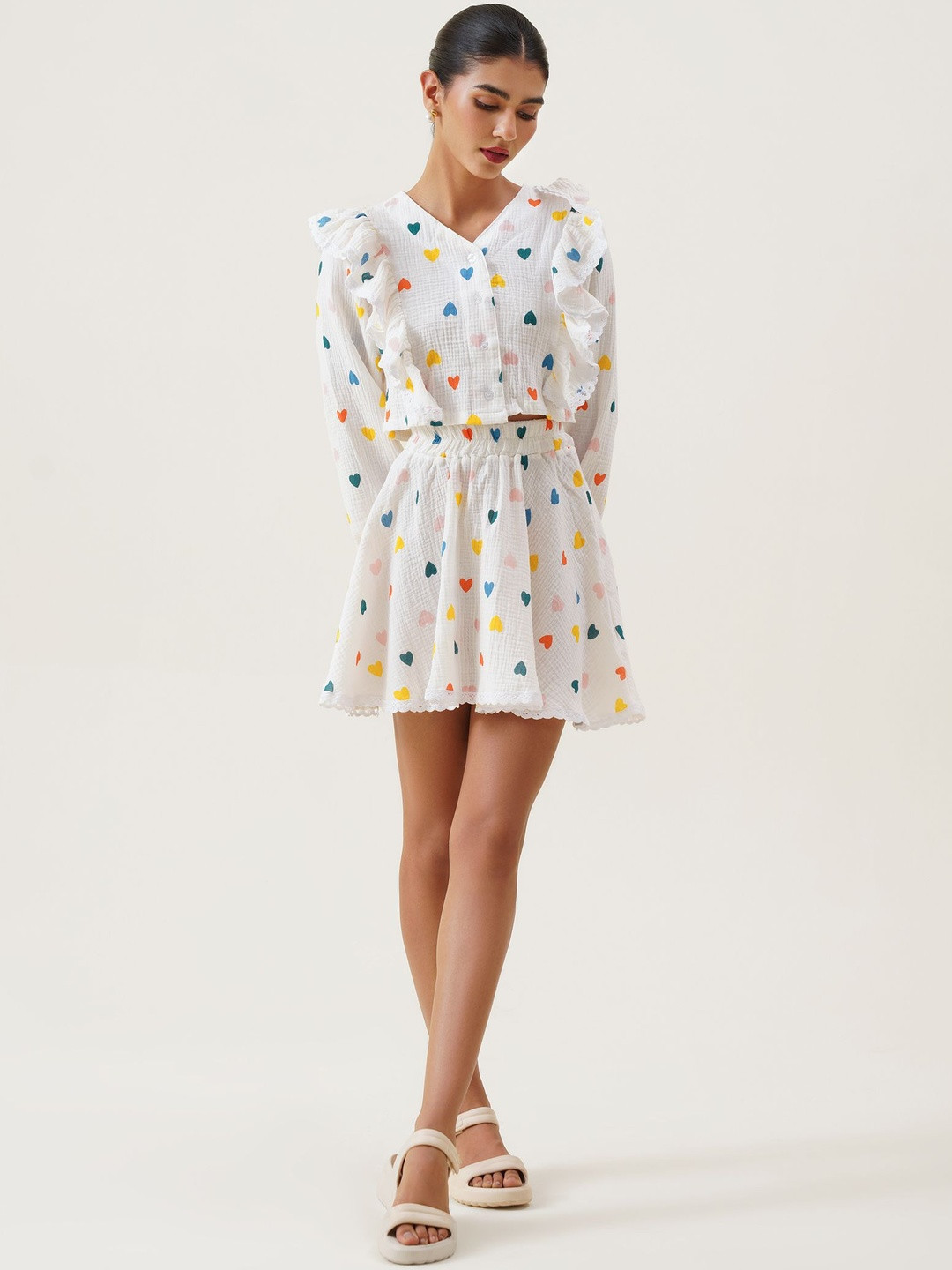 Mylin Graphic Printed Pure Cotton Crop Top With Skirt
