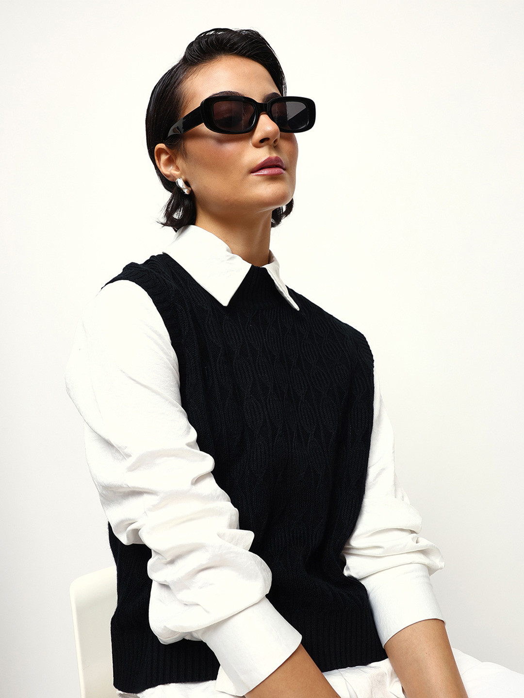 High Star Women Cable Knit High Neck Sleeveless Sweater Vest