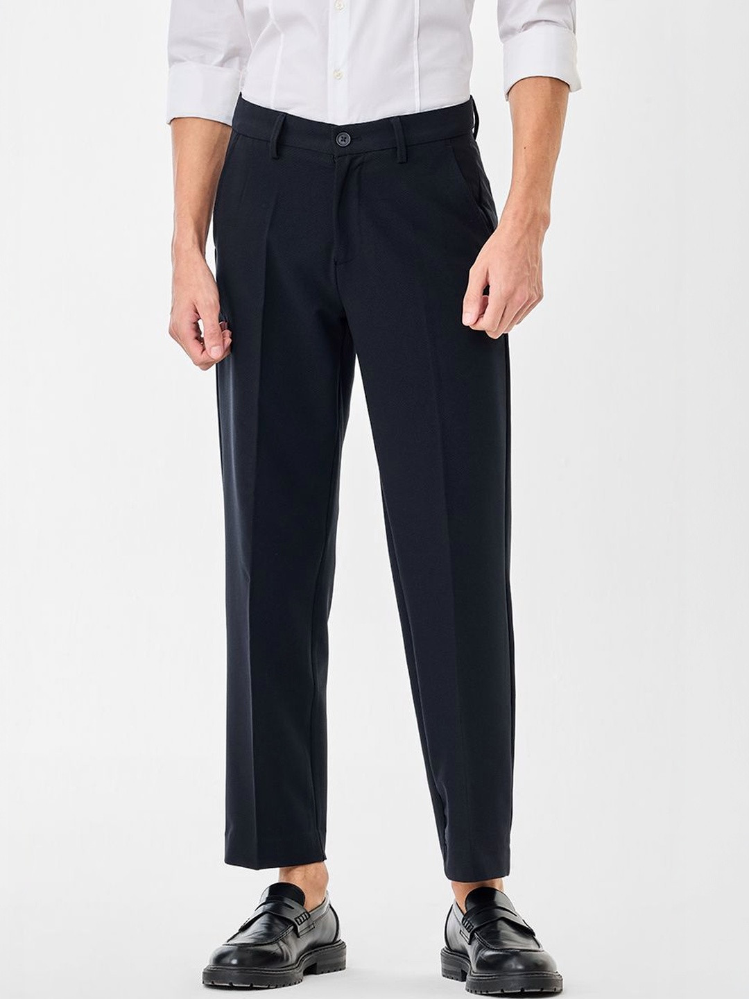Snitch Men Self-Design Mid Rise Regular Fit Formal Plain Trousers