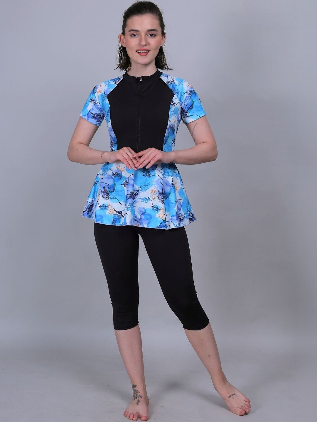 MEGASKA Printed Round Neck Front Zipper Swim Set