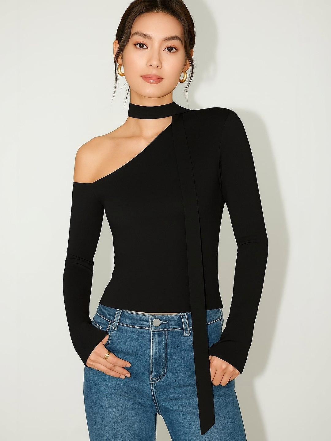 Pookiie One Shoulder Choker Neck Top
