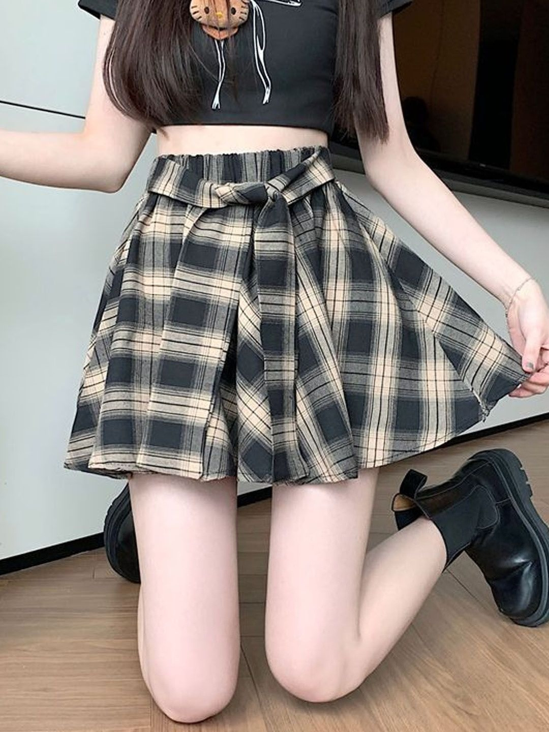 StyleCast Checked Tie-Ups Mini Flared Skirt