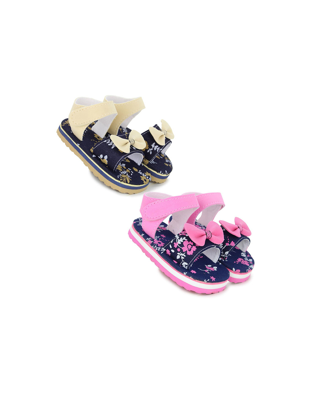 NESKA MODA Girls Set Of 2 Printed Open Toe Flats with Bows