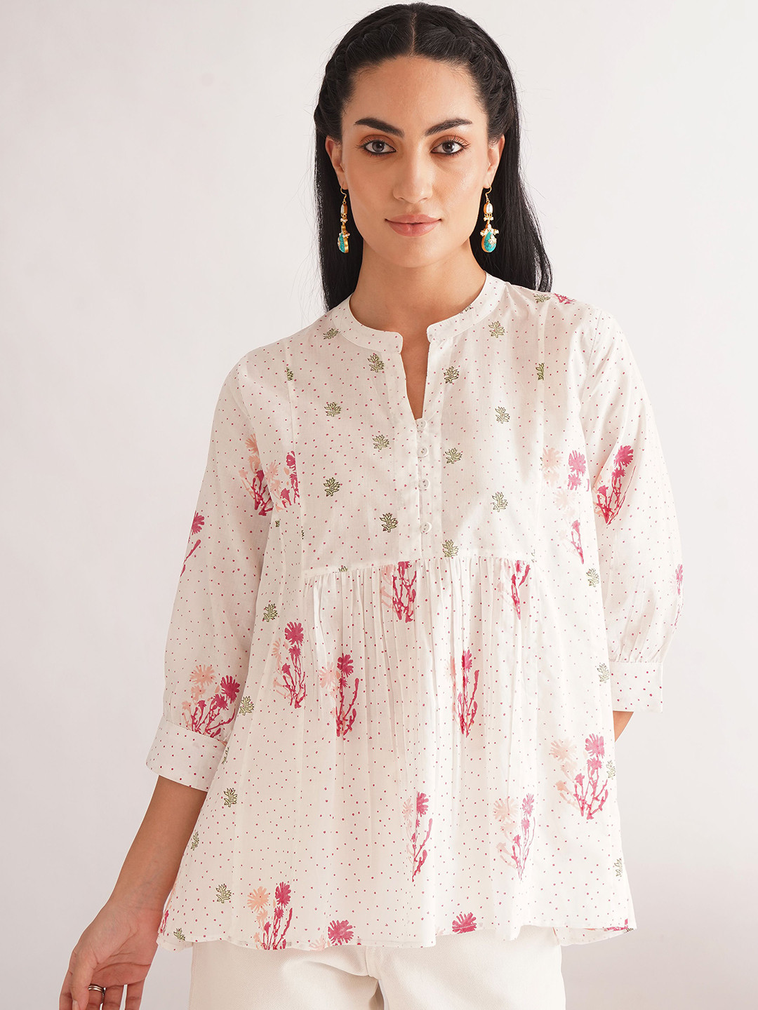 JAYPORE Block Printed Mandarin Collar Cotton Tunic