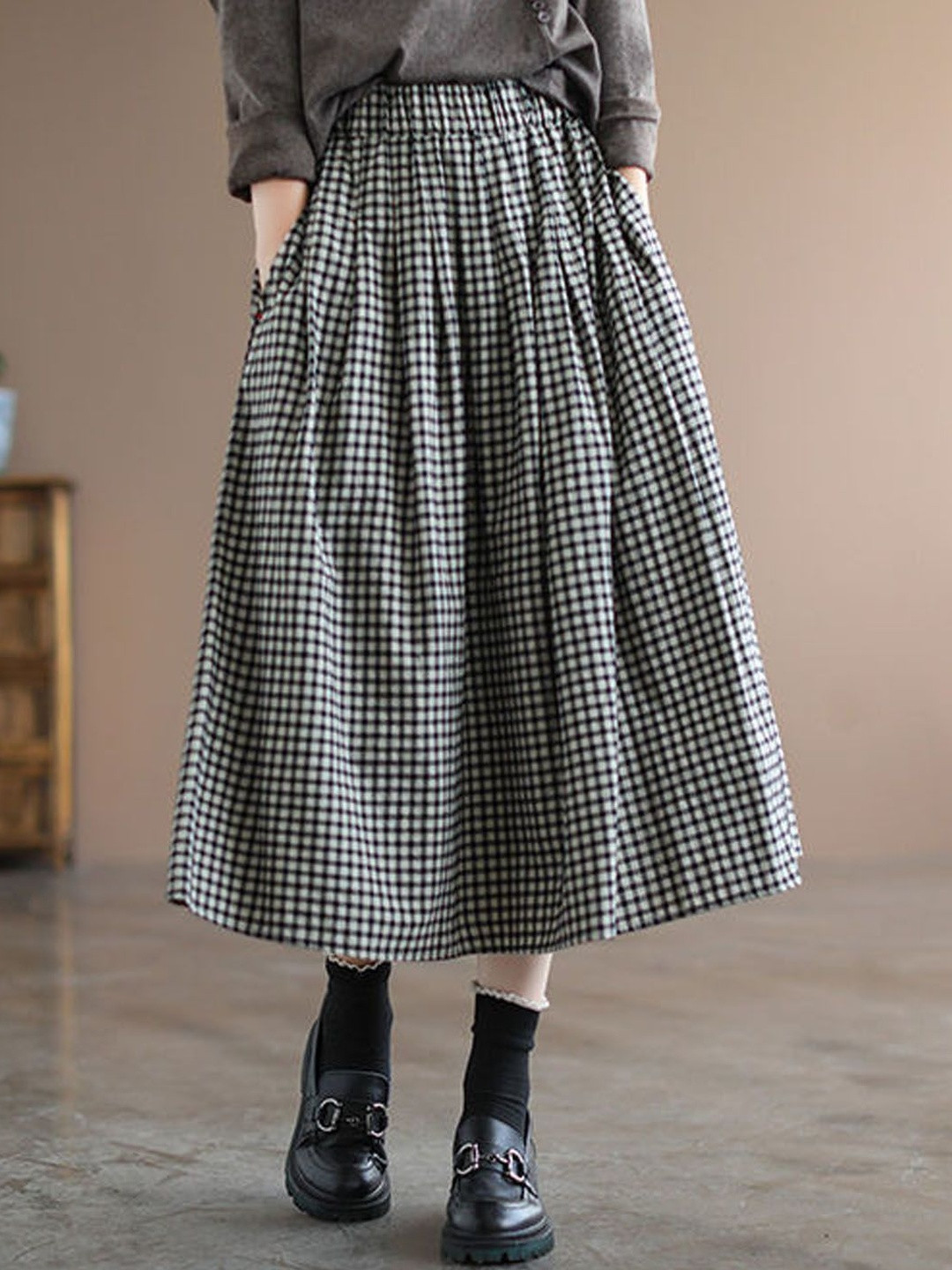 StyleCast Trendy Checked Knee Length Opaque Midi Skirt
