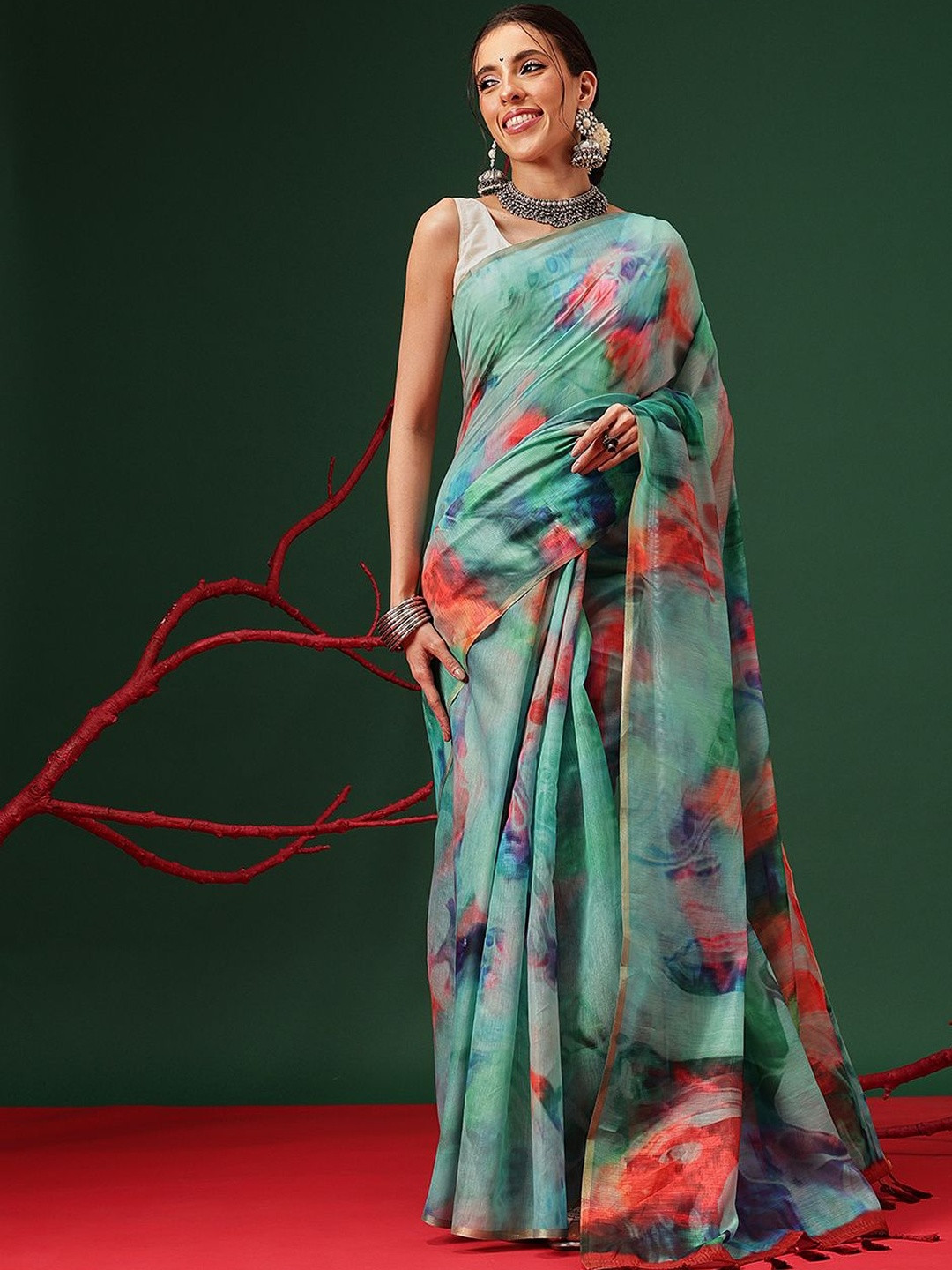 Silk Land Tie & Dye Organza Chanderi Print Ready to Wear Saree with Unstitched Blouse
