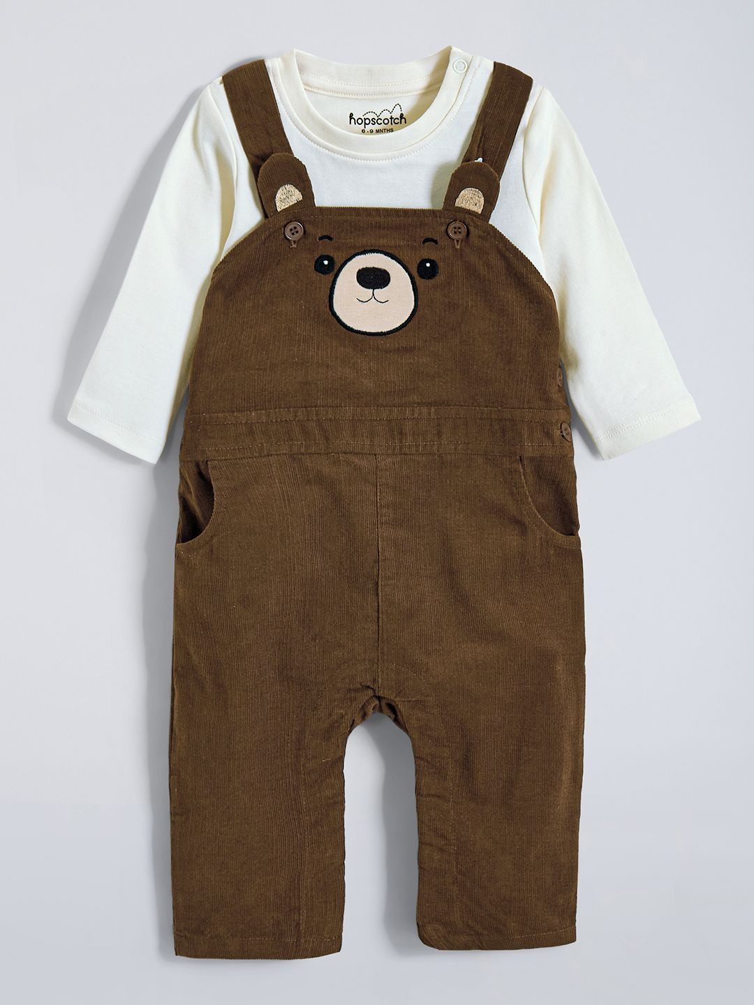 Hopscotch Corduroy Boys Striped Bear Face Ankle Length Dungaree With T-shirt