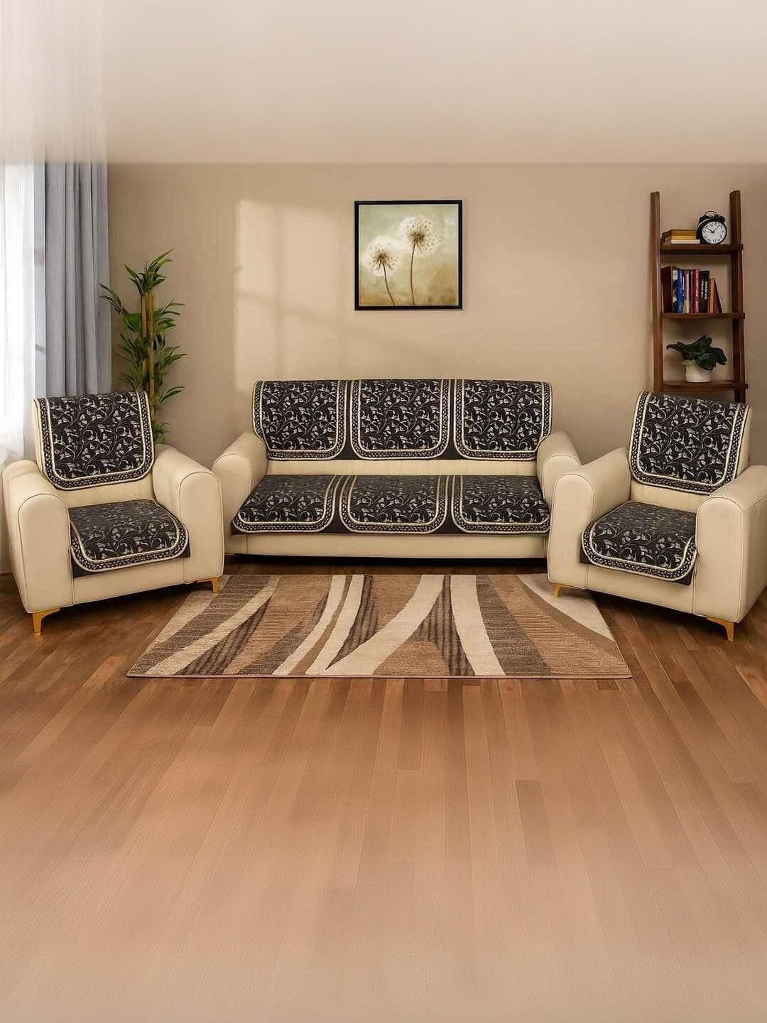 OSM INDIA Black Floral Embroidered Cotton Fade Resistant 5 Seater Sofa Cover- 76 x 57 cm