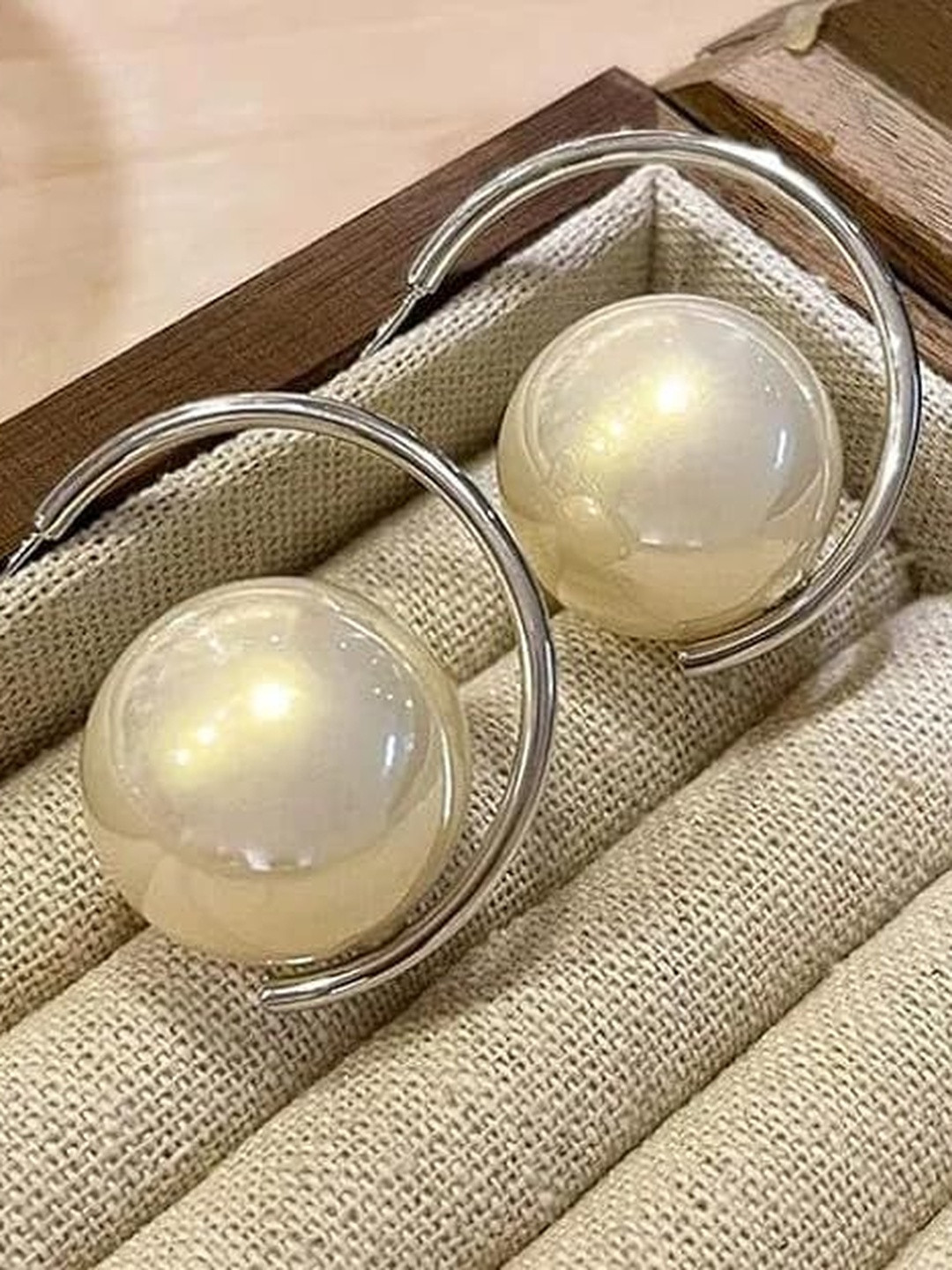 LIMINE JEWELS Stainless Steel Pearls Studded Spherical Shaped Half Hoop Earrings